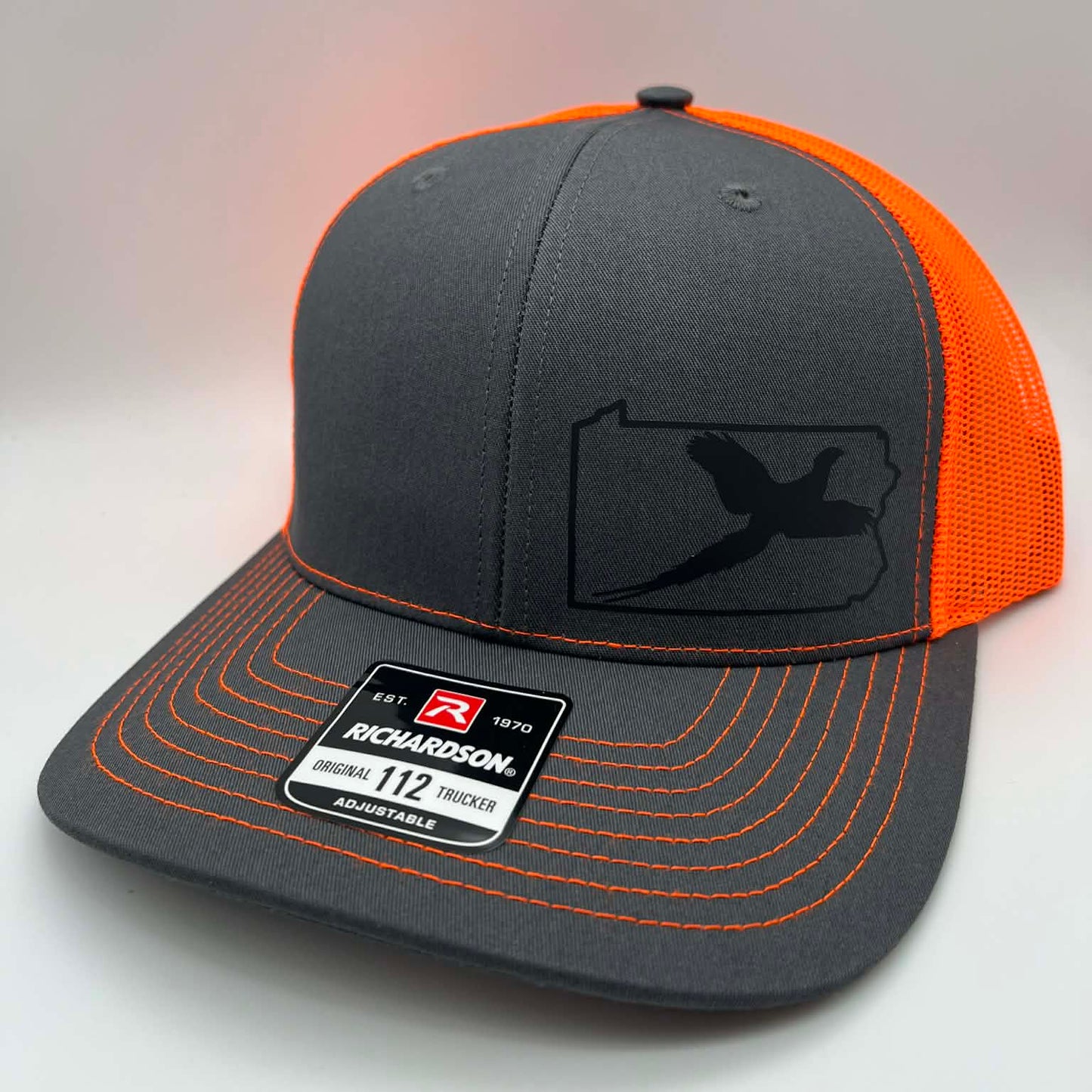 Custom Pheasant Hunting Hat – Any State Trucker Snapback | Richardson 112 Charcoal and Orange