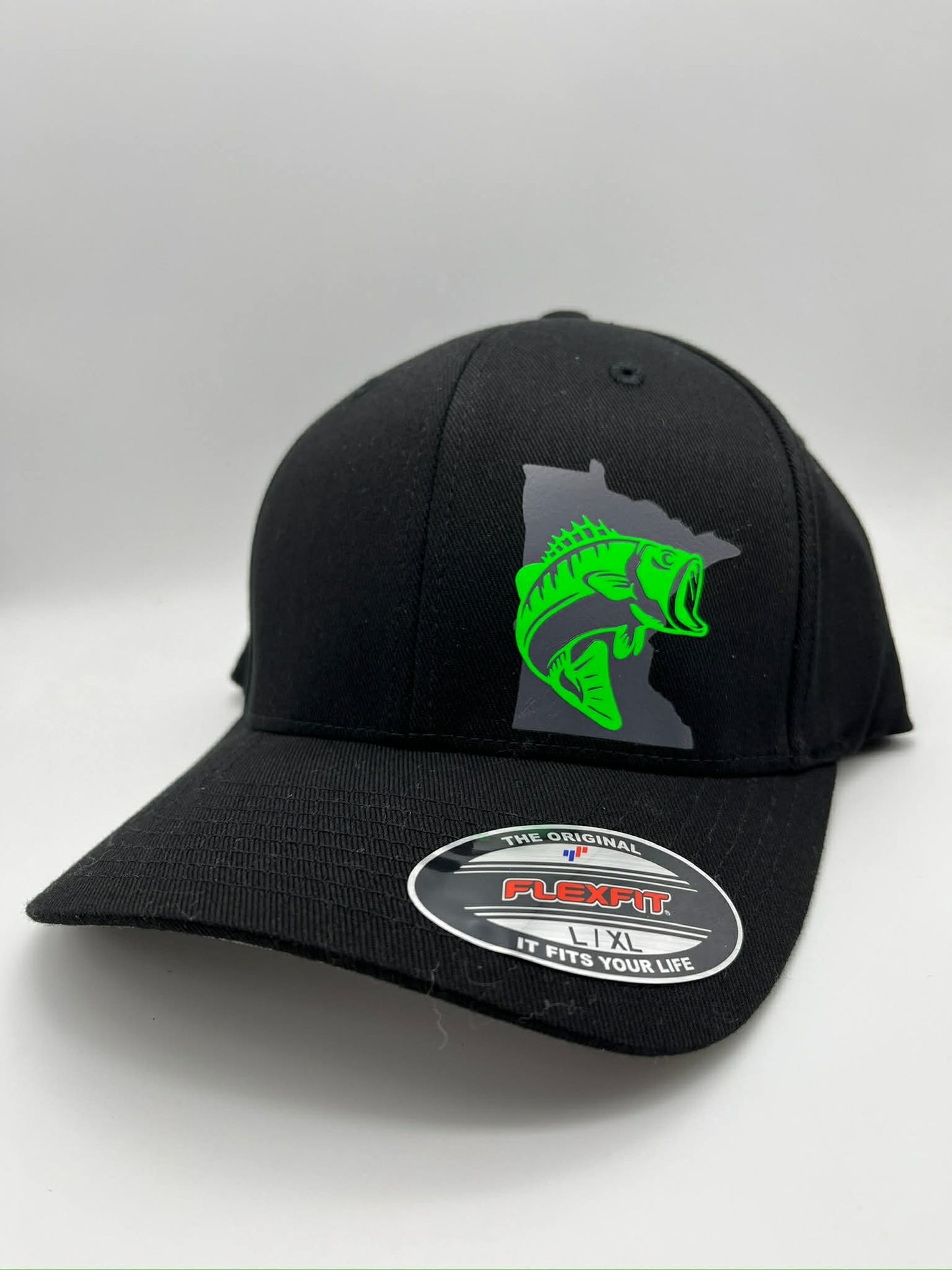 Large Mouth Bass Black Fitted All Cloth Hat in Three Sizes