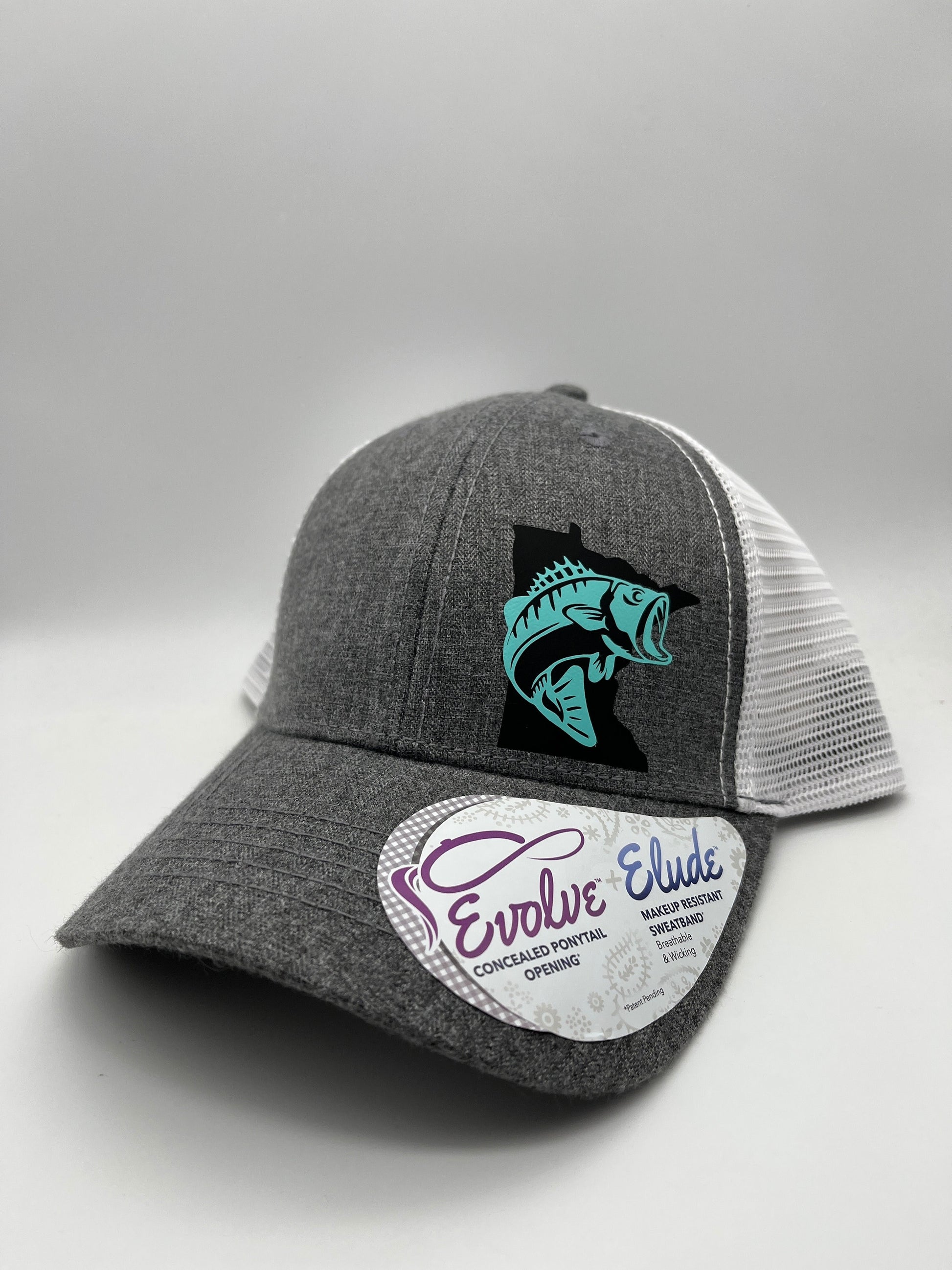 Women’s Fishing High Ponytail SnapBack Hat in Heather Gray and white | Walleye | Crappie | Large Mouth Bass | Catfish | Sturgeon |