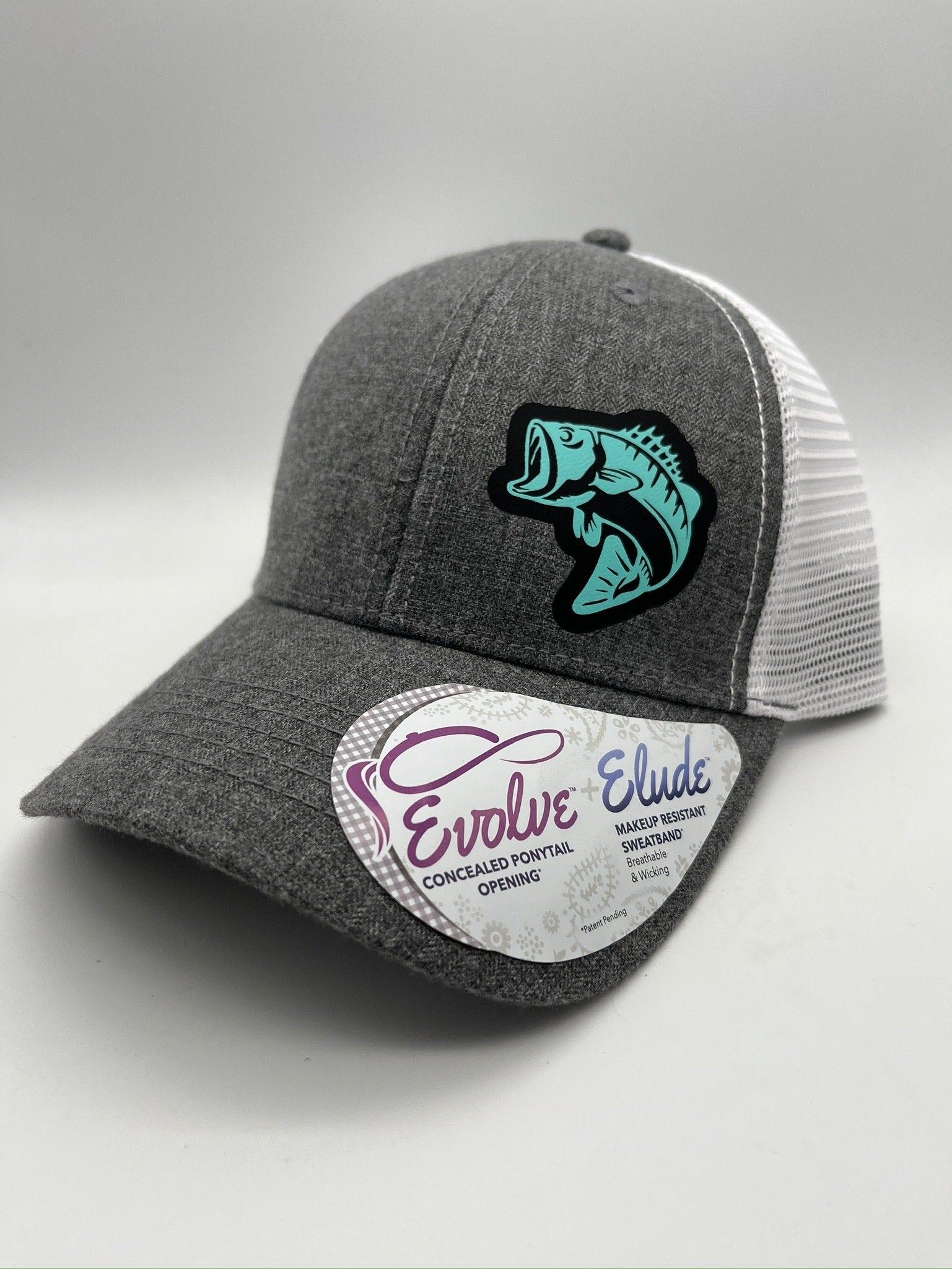 Women’s Fishing High Ponytail SnapBack Hat in Heather Gray and white | Walleye | Crappie | Large Mouth Bass | Catfish | Sturgeon |