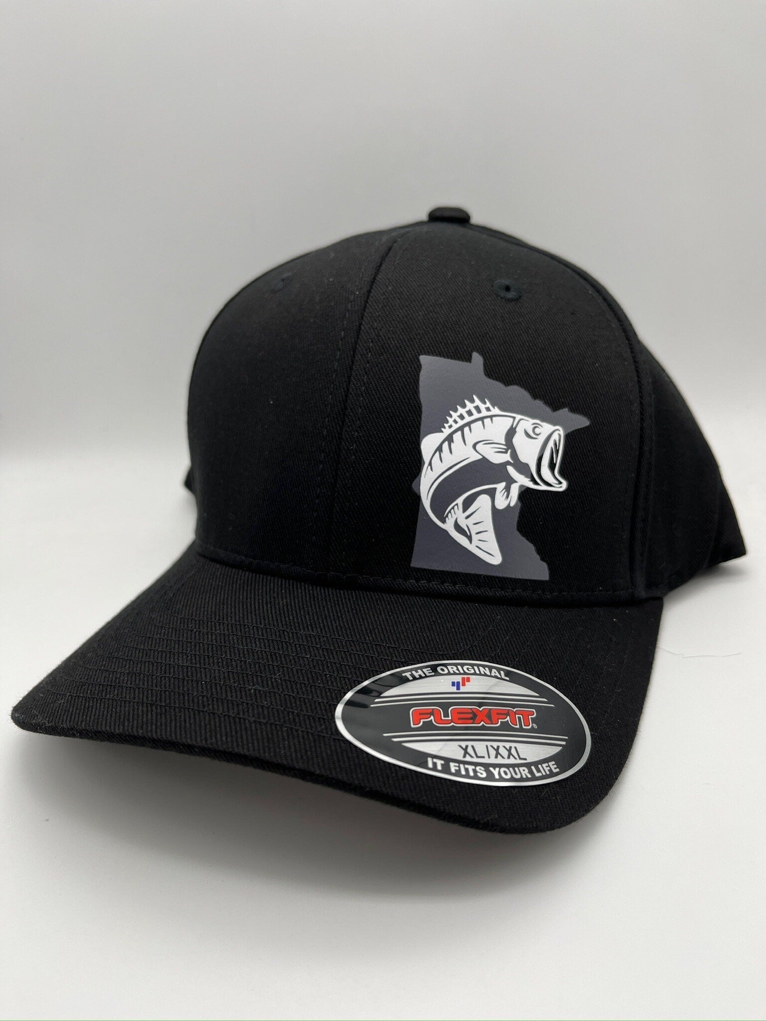 Large Mouth Bass Black Fitted All Cloth Hat in Three Sizes