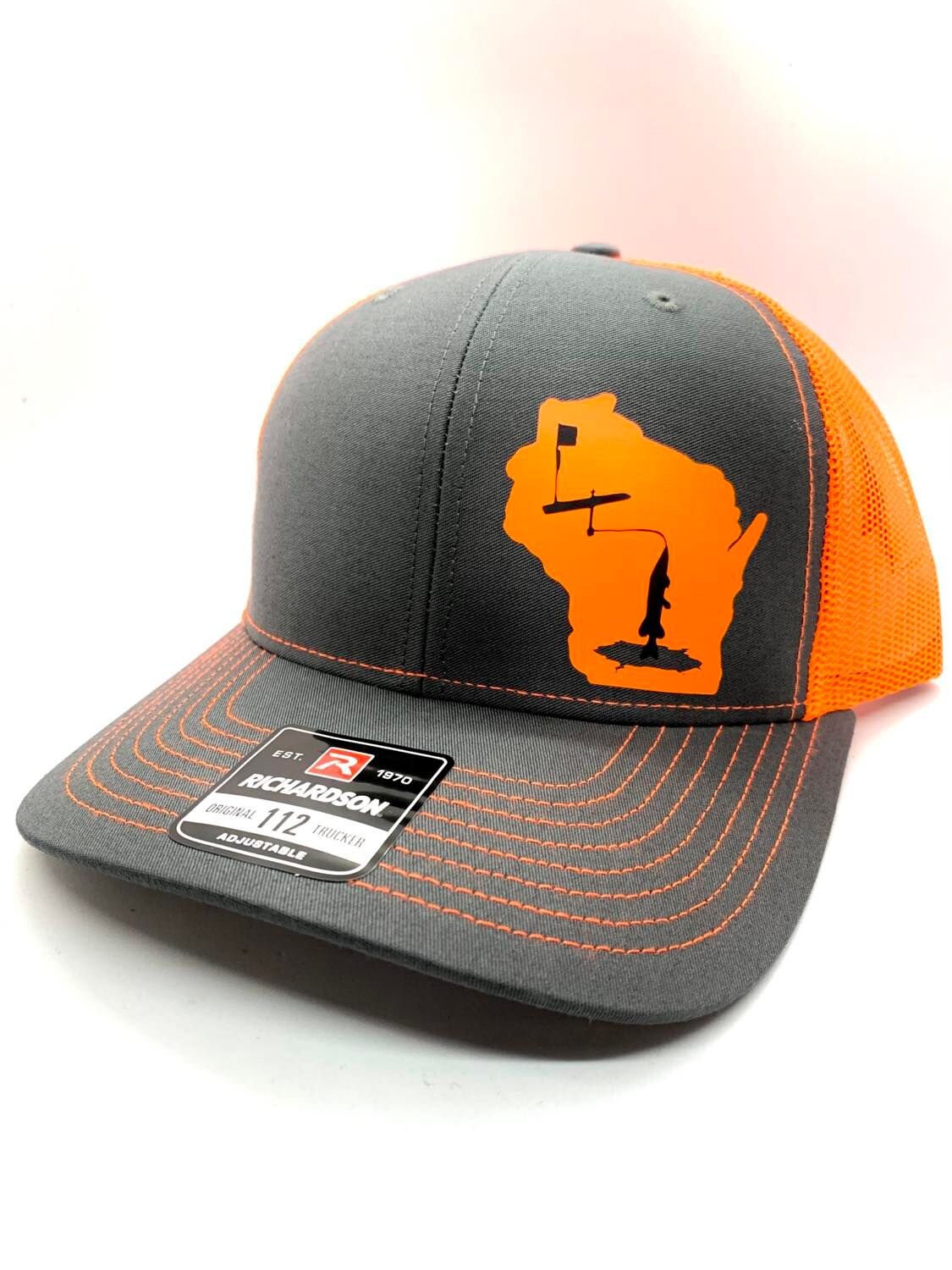 Any State ICE FISHING Tip Up Charcoal and Neon (multiple colors) Adjustable Hat | Walleye | Northern Pike |