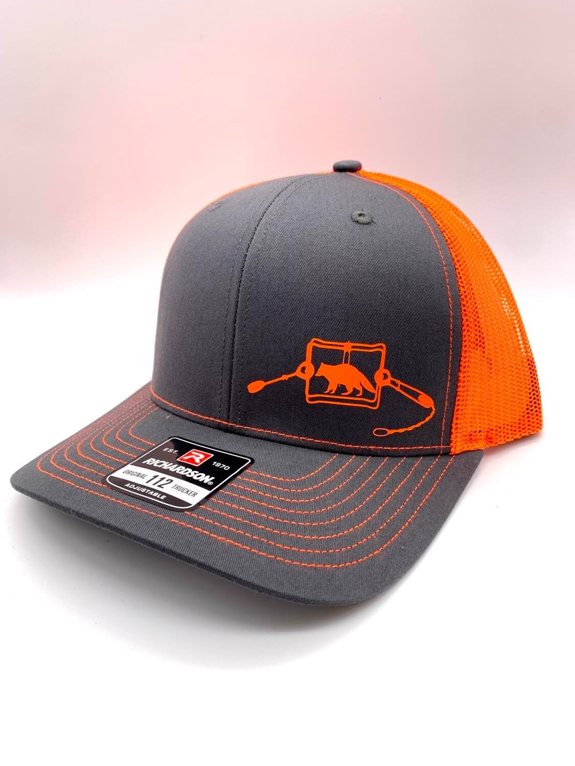 Raccoon or Beaver Charcoal and Neon Orange Mesh Conibear Trapping Snap Back Adjustable Richardson Hat