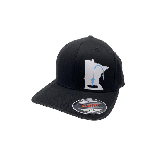 Any State Ice Fishing Black Flexfit Fitted Hat in Multiple Sizes