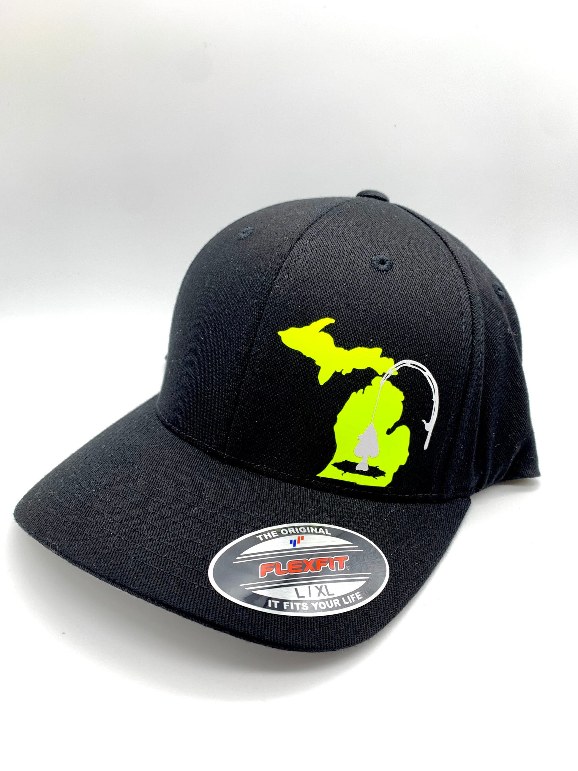 Any State Ice Fishing Black Flexfit Fitted Hat in Multiple Sizes