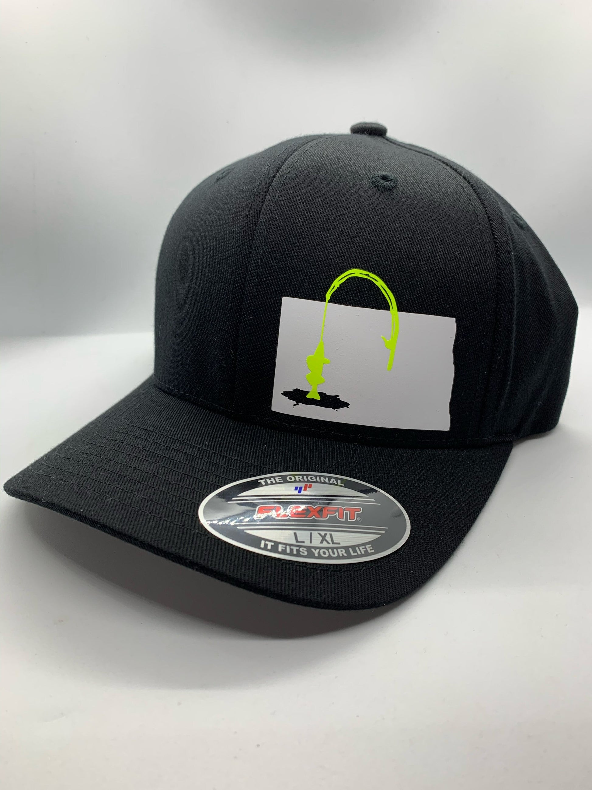 Any State Ice Fishing Black Flexfit Fitted Hat in Multiple Sizes