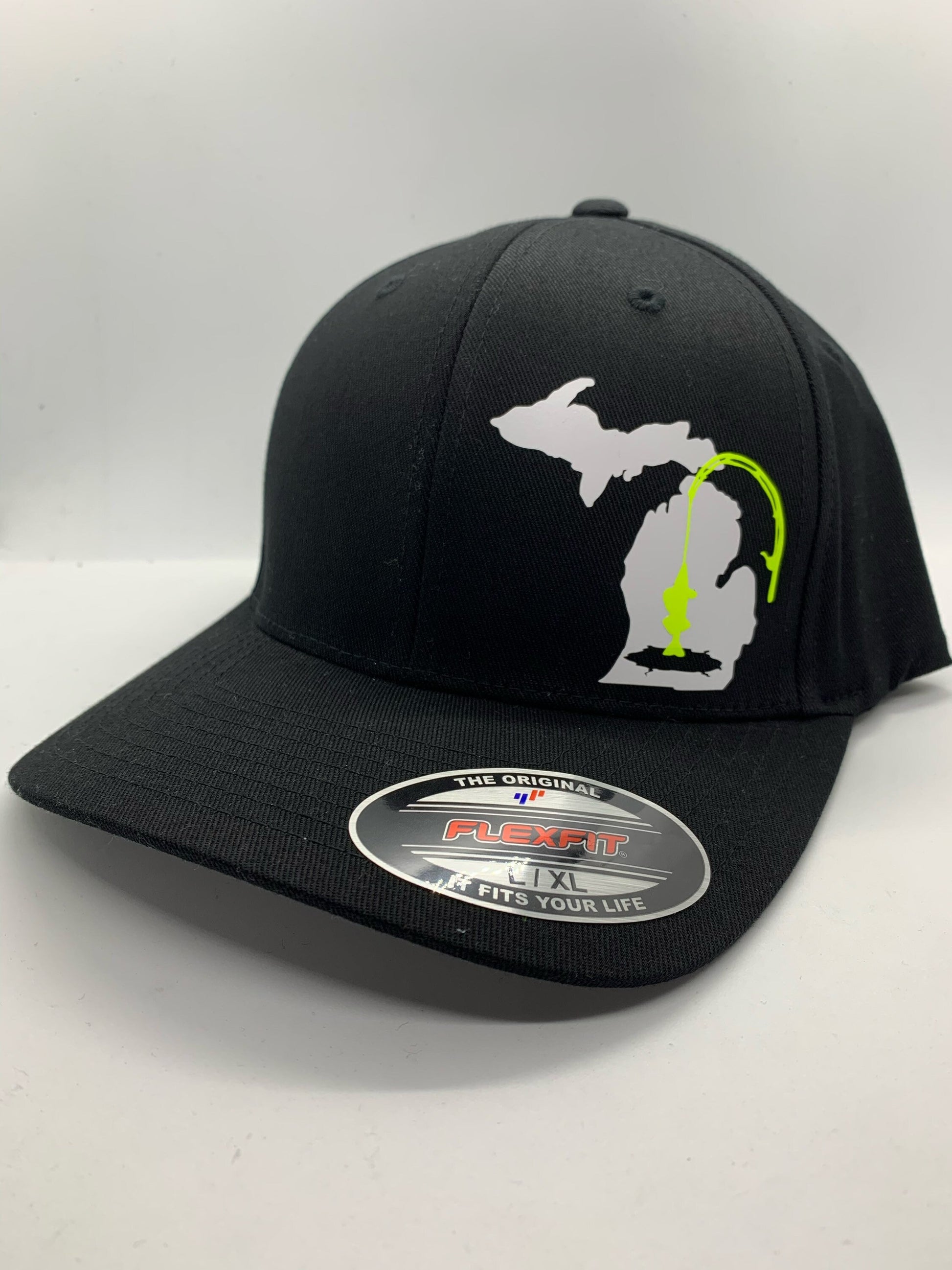 Any State Ice Fishing Black Flexfit Fitted Hat in Multiple Sizes