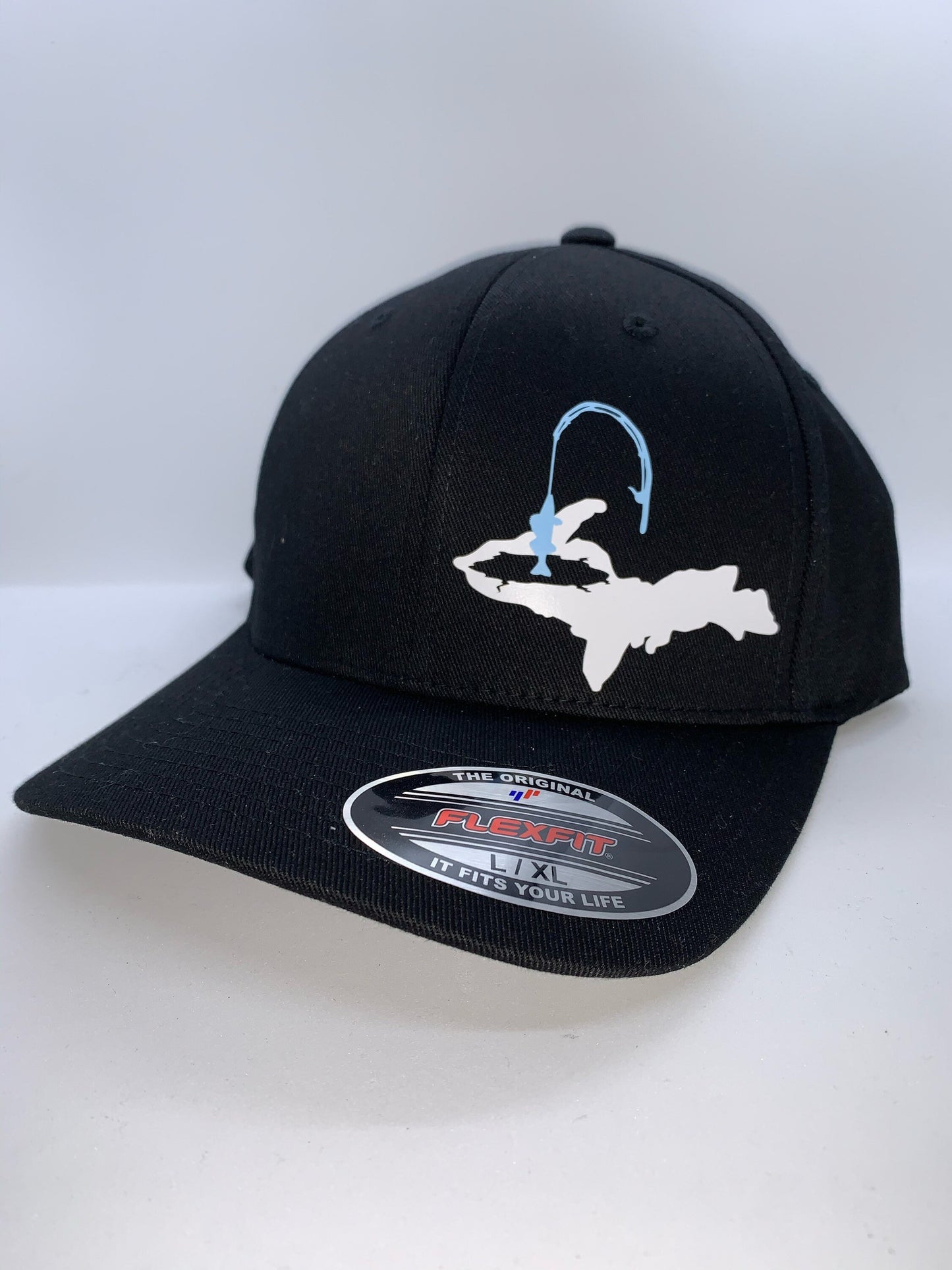 Any State Ice Fishing Black Flexfit Fitted Hat in Multiple Sizes