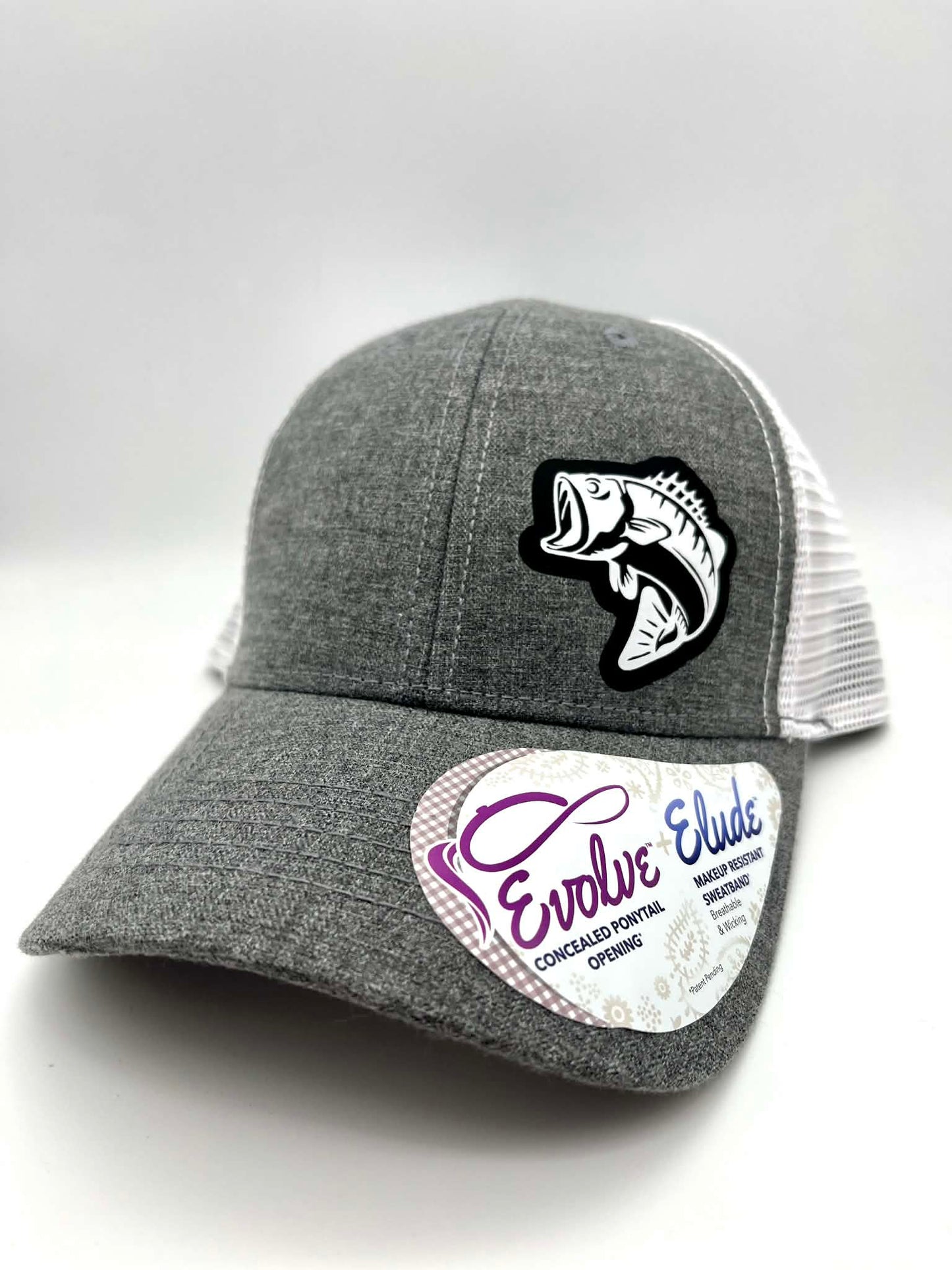 Women’s Fishing High Ponytail SnapBack Hat in Heather Gray and white | Walleye | Crappie | Large Mouth Bass | Catfish | Sturgeon |