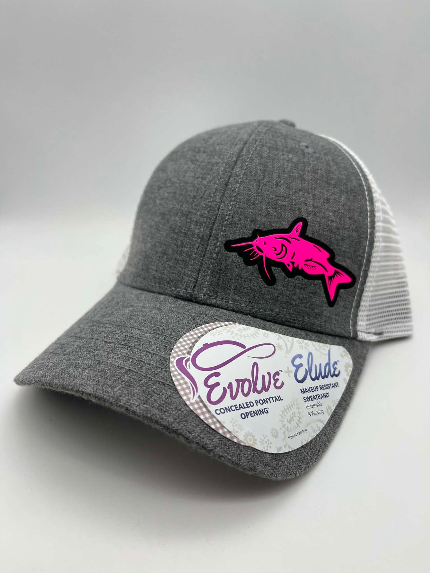 Women’s Fishing High Ponytail SnapBack Hat in Heather Gray and white | Walleye | Crappie | Large Mouth Bass | Catfish | Sturgeon |