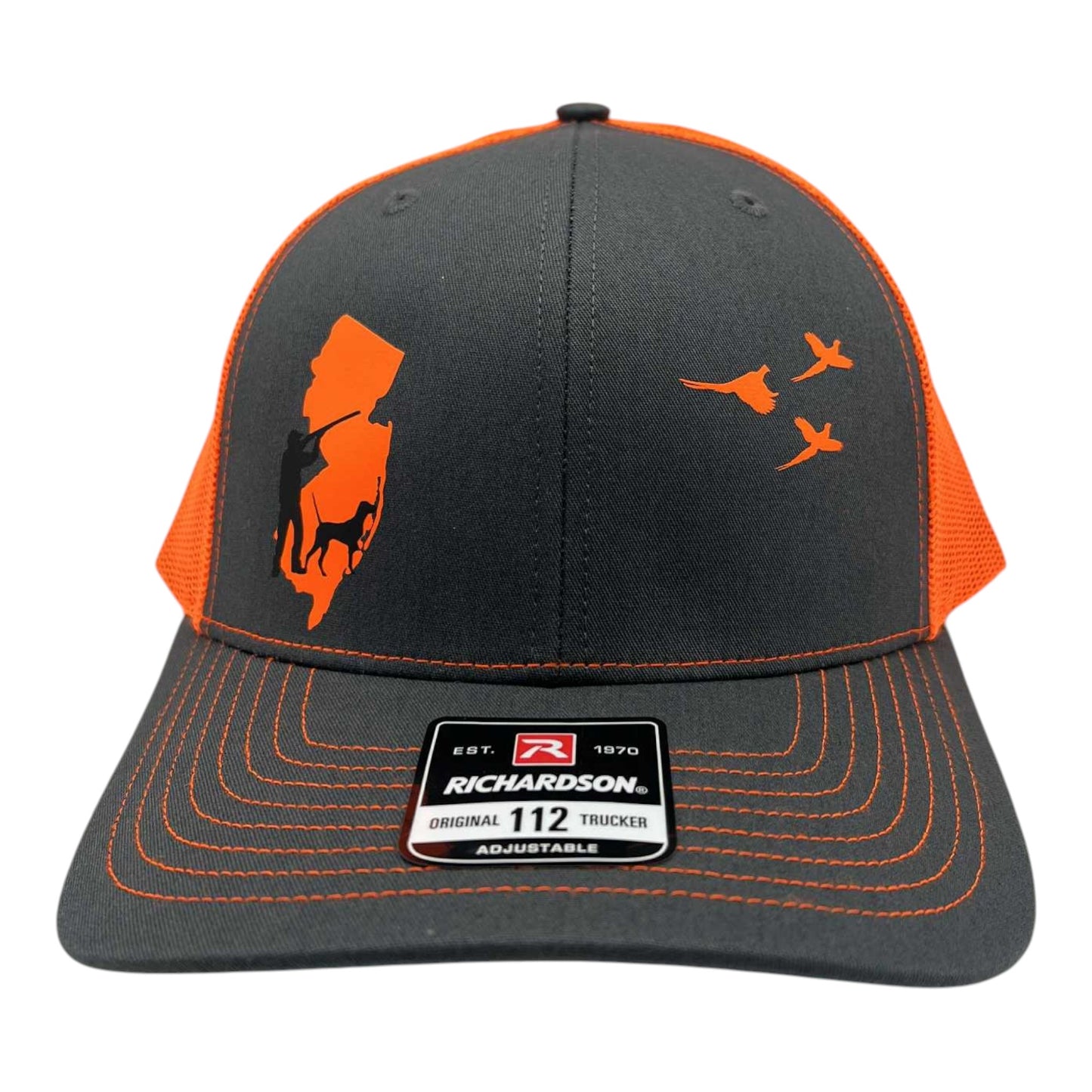 New Jersey pheasant hunting hat with english pointer on charcoal and blaze orange Richardson