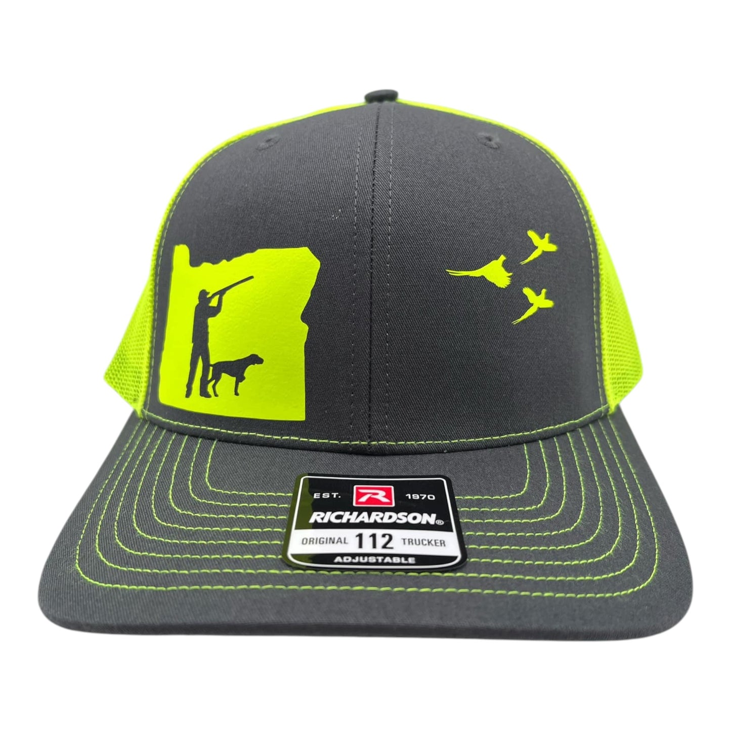 Oregon pheasant hunting hat with german shorthair on charcoal and neon yellow hat