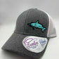 Women’s Fishing High Ponytail SnapBack Hat in Heather Gray and white | Walleye | Crappie | Large Mouth Bass | Catfish | Sturgeon |