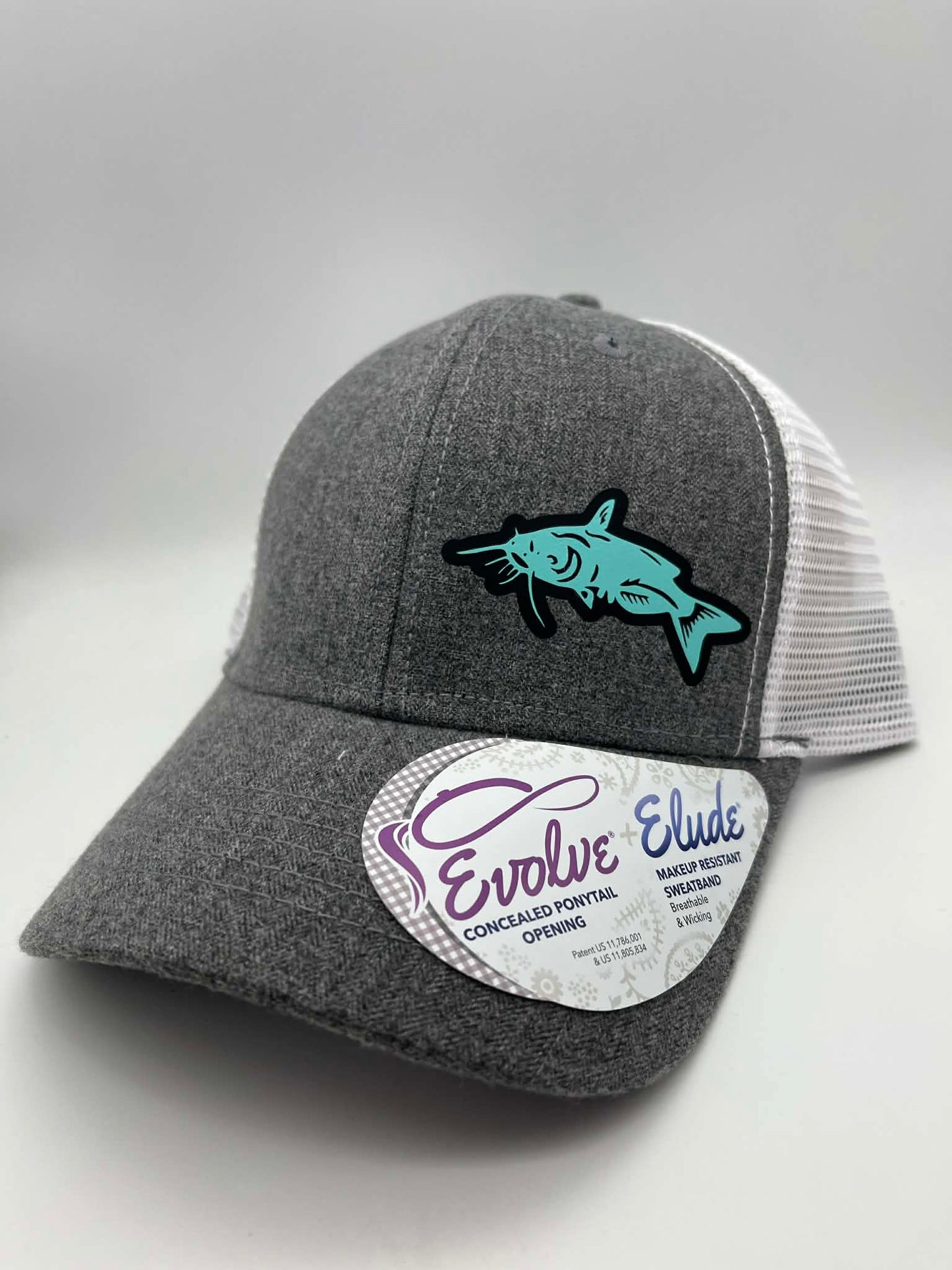 Women’s Fishing High Ponytail SnapBack Hat in Heather Gray and white | Walleye | Crappie | Large Mouth Bass | Catfish | Sturgeon |