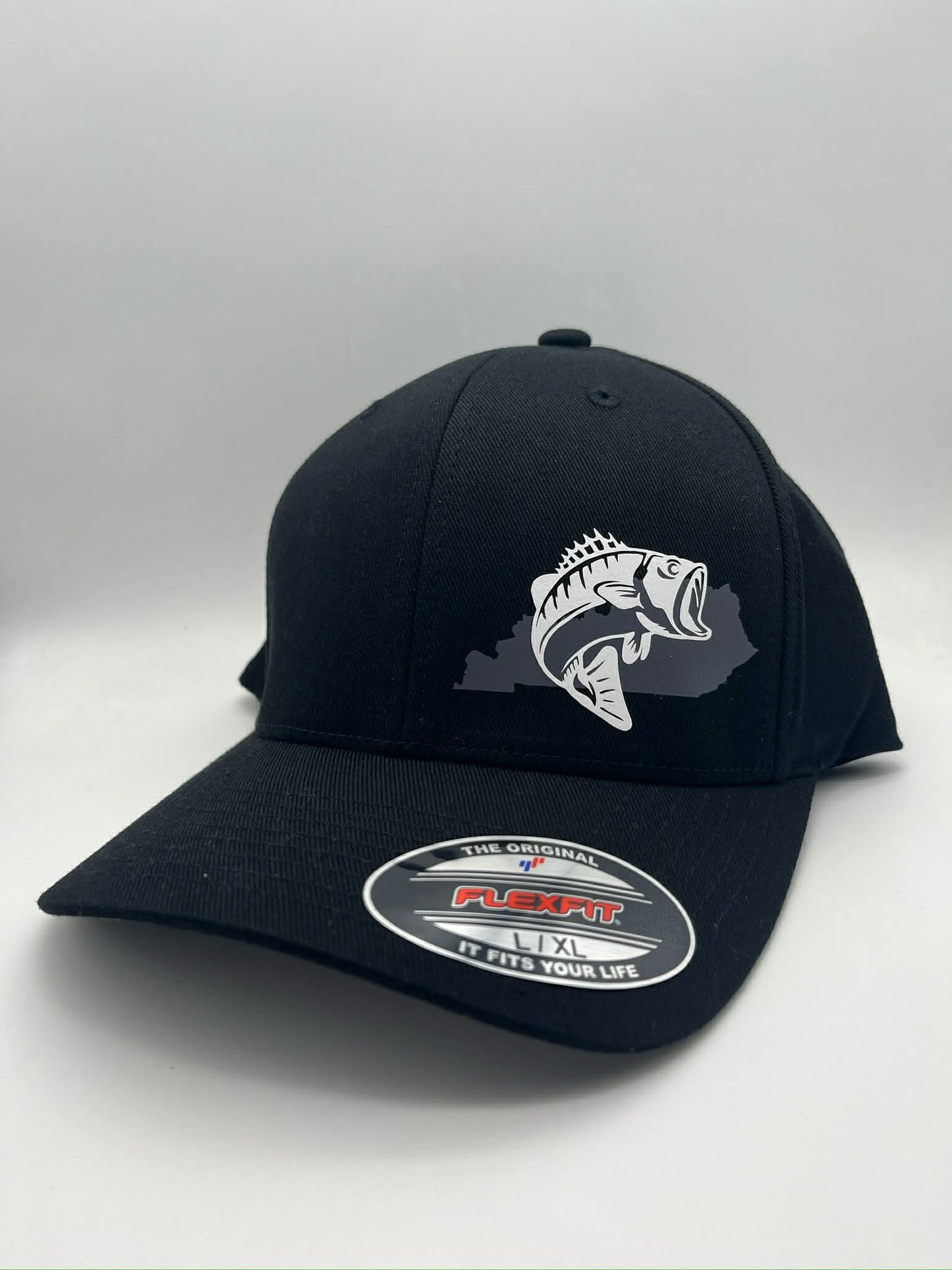 Large Mouth Bass Black Fitted All Cloth Hat in Three Sizes
