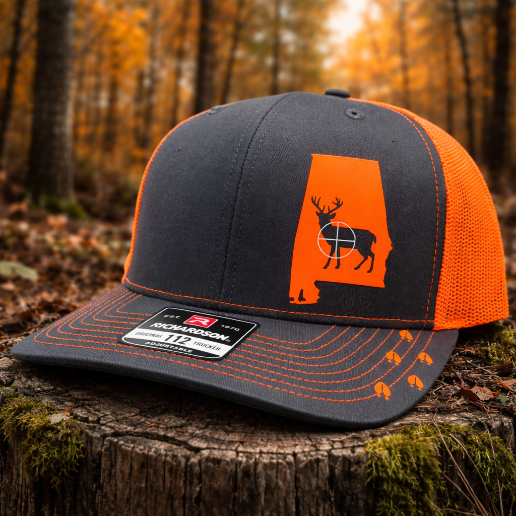 Custom Deer Hunting Hat – Any State Whitetail Buck Snapback Hat – Blaze Orange Hunting Cap – Richardson 112 Trucker