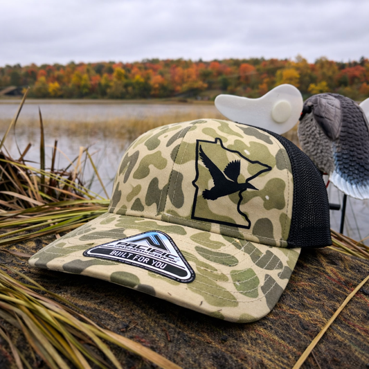 Duck Flying Through State  SnapBack Adjustable Hat | Mesh Back | Old School Duck Camo |
