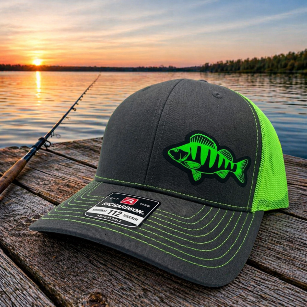 Perch Fishing Hat – Custom State Snapback Trucker Cap – Adjustable Fishing Hat (Richardson 112 / Flexfit 110)