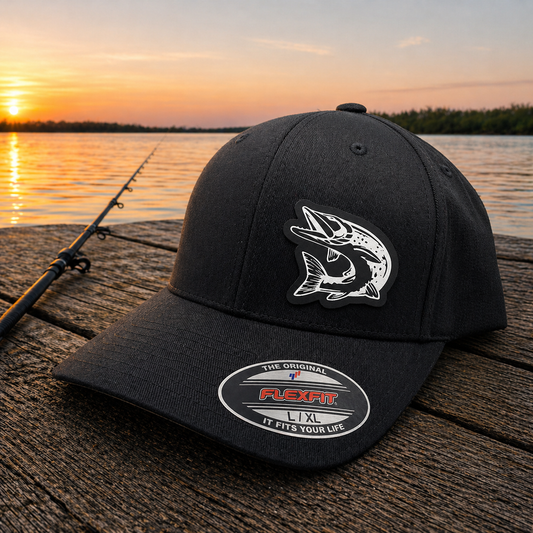 Northern Pike Fitted Hat – Flexfit 6277 | All Black Fishing Hat | Choose Color & Optional State Design