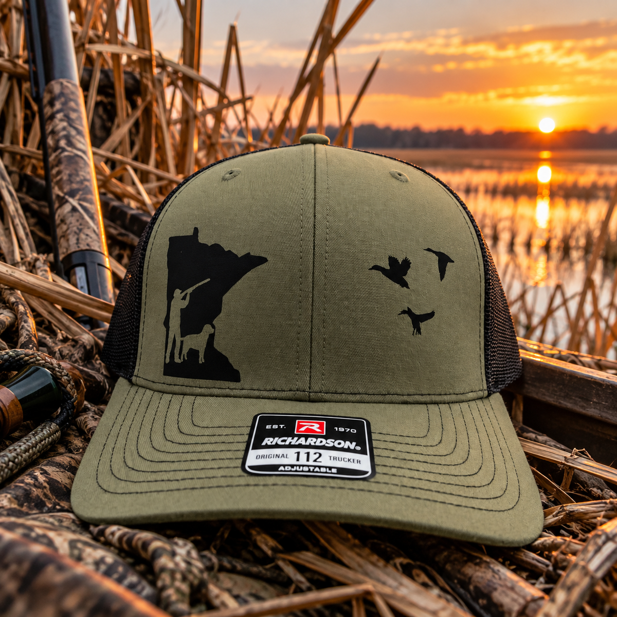 Custom State Duck Hunting Hat – Hunter, Dog &amp; Flying Ducks- Snapback Adjustable Trucker Hat