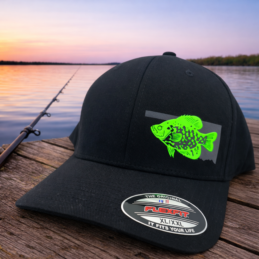 Custom Crappie Fishing Flexfit Hat – Black Fitted Cap | Any State Panfish Hat (S/M, L/XL, XL/XXL)