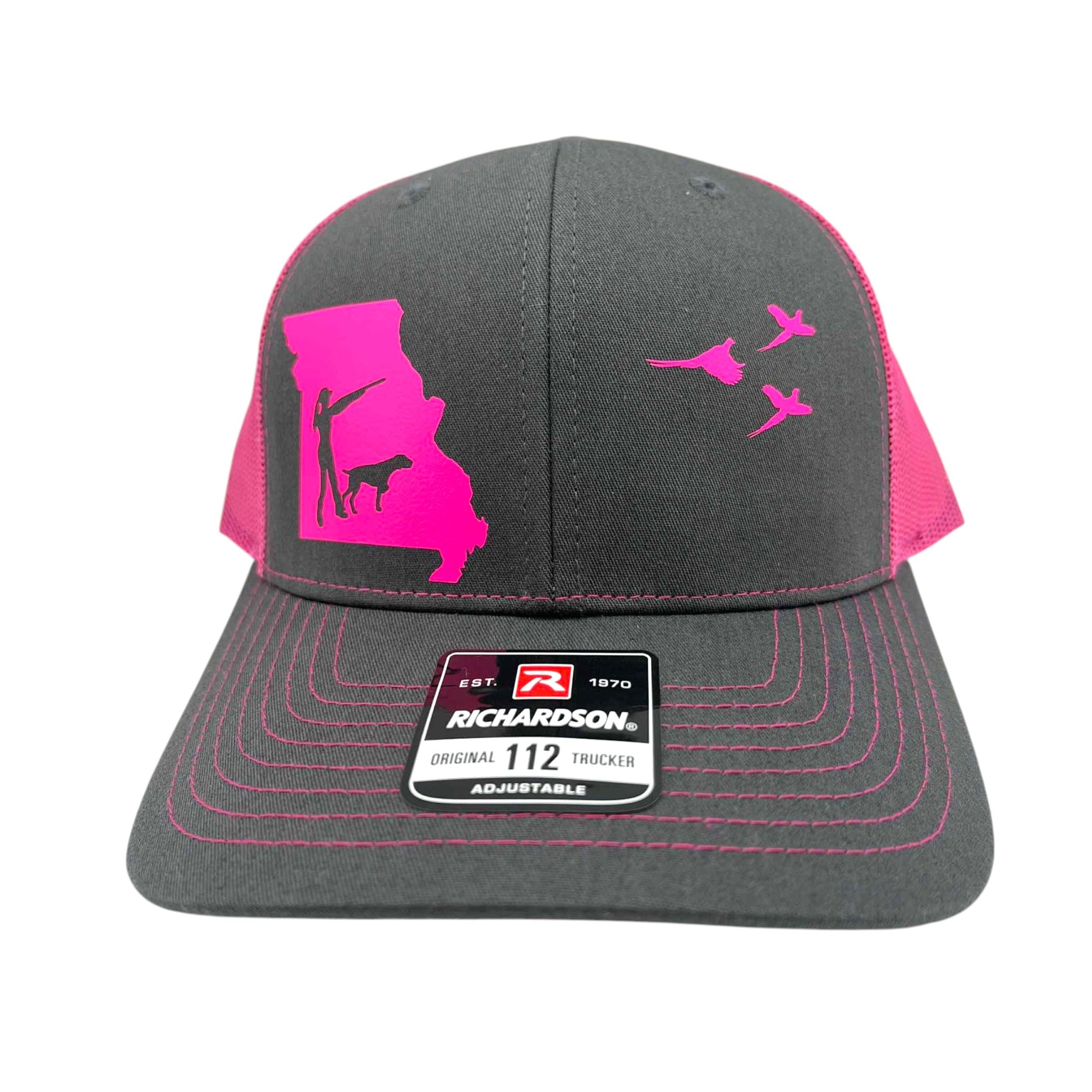 Missouri women's pheasant hunting hat with german shorthair on charcoal and neon pink richardson
