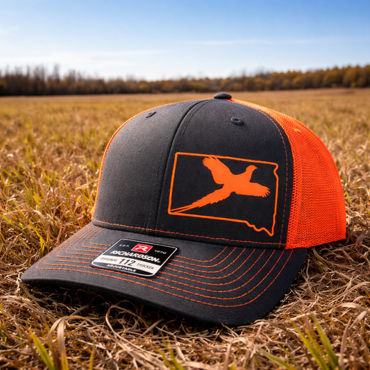 Custom Pheasant Hunting Hat – Any State Trucker Snapback | Richardson 112 Charcoal and Orange