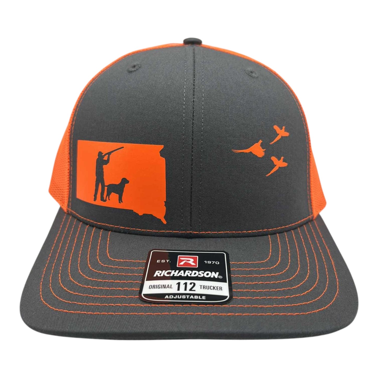 South Dakota pheasant hunting hat with lab on charcoal and blaze orange