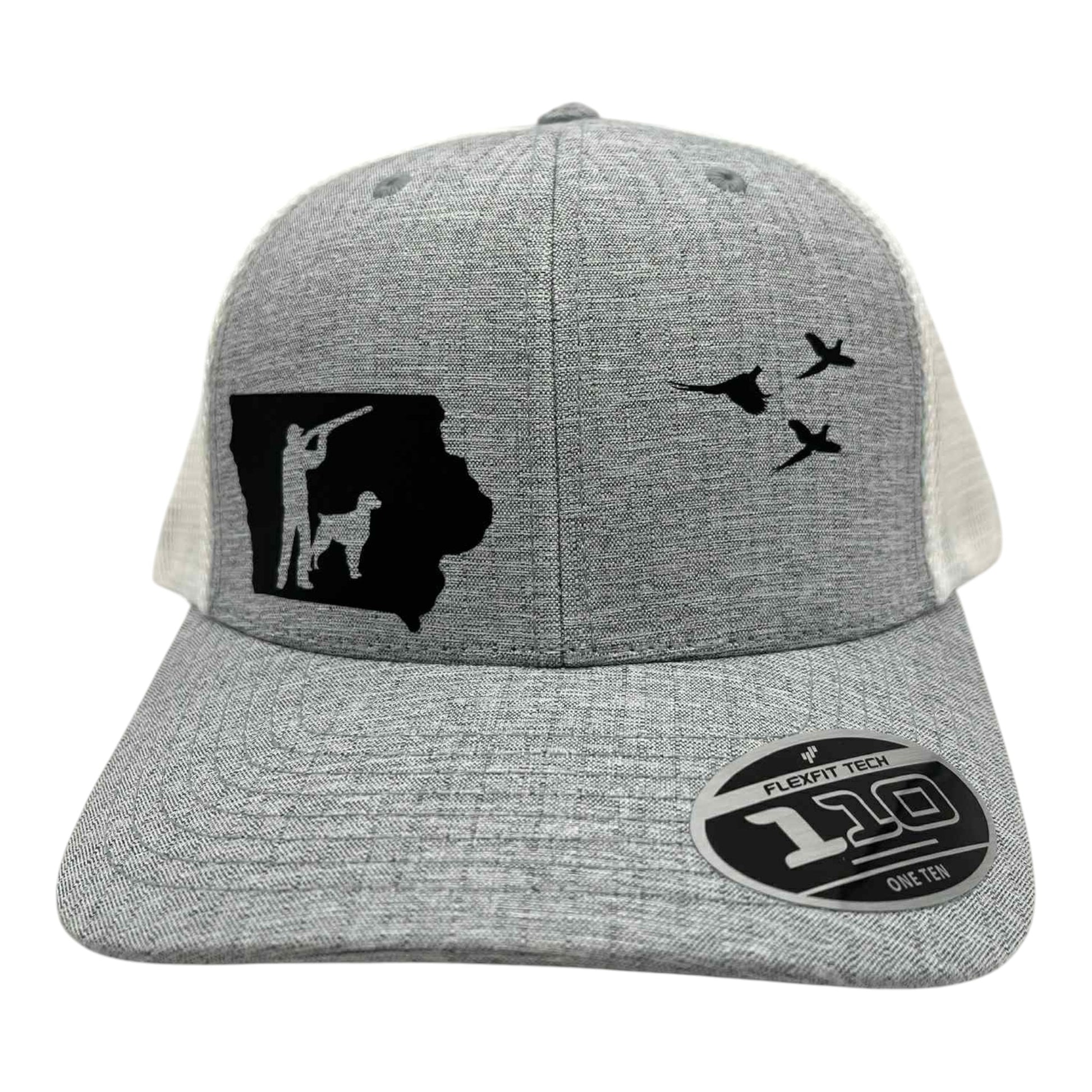 Iowa pheasant hunting hat with brittany on silver and white Flexfit