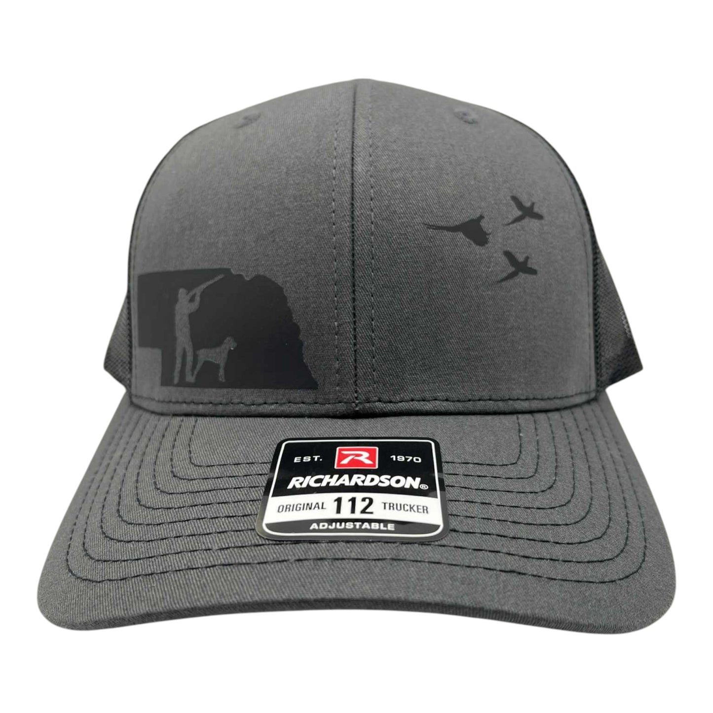 Nebraska pheasant hunting hat on charcoal and black with dog