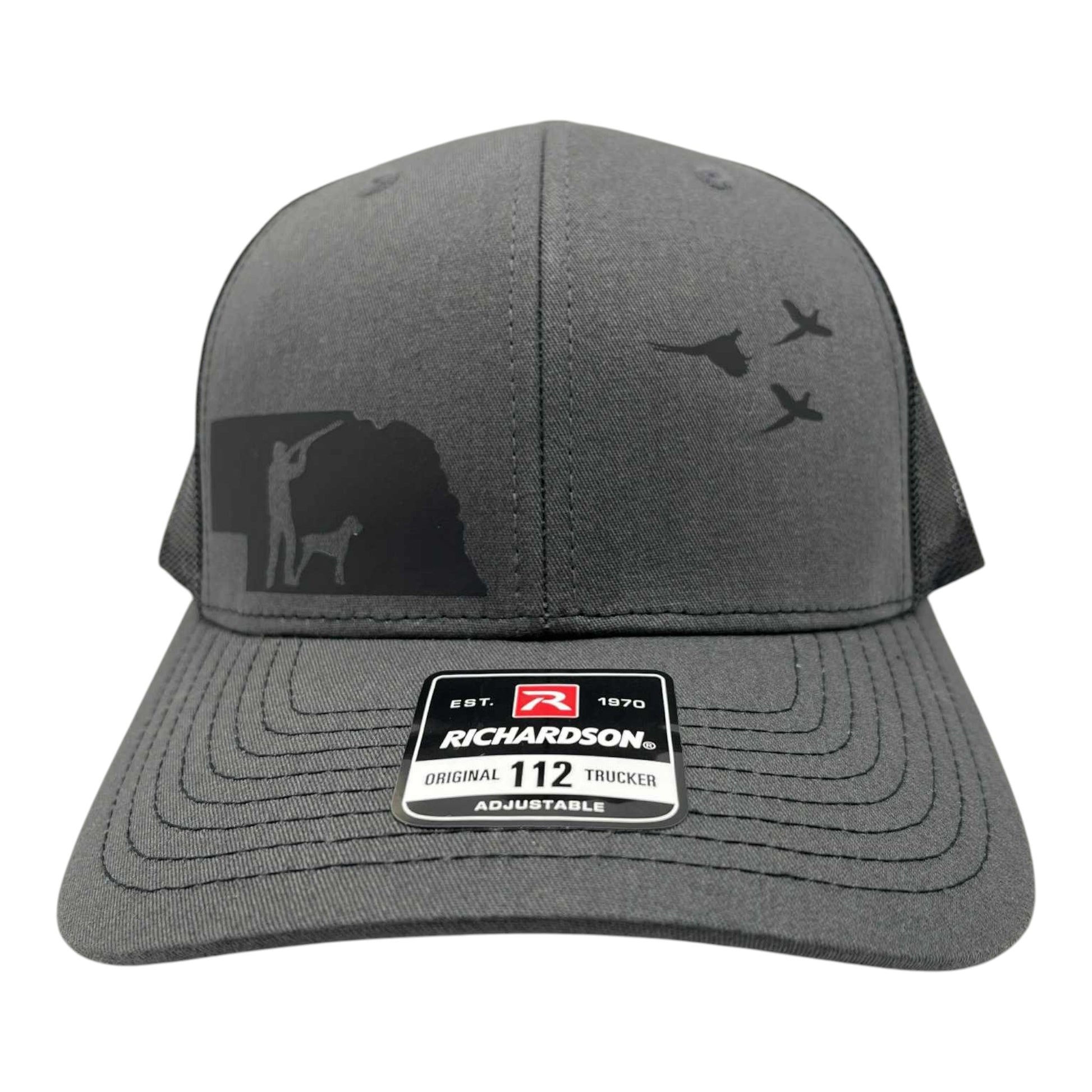 Nebraska pheasant hunting hat on charcoal and black with dog