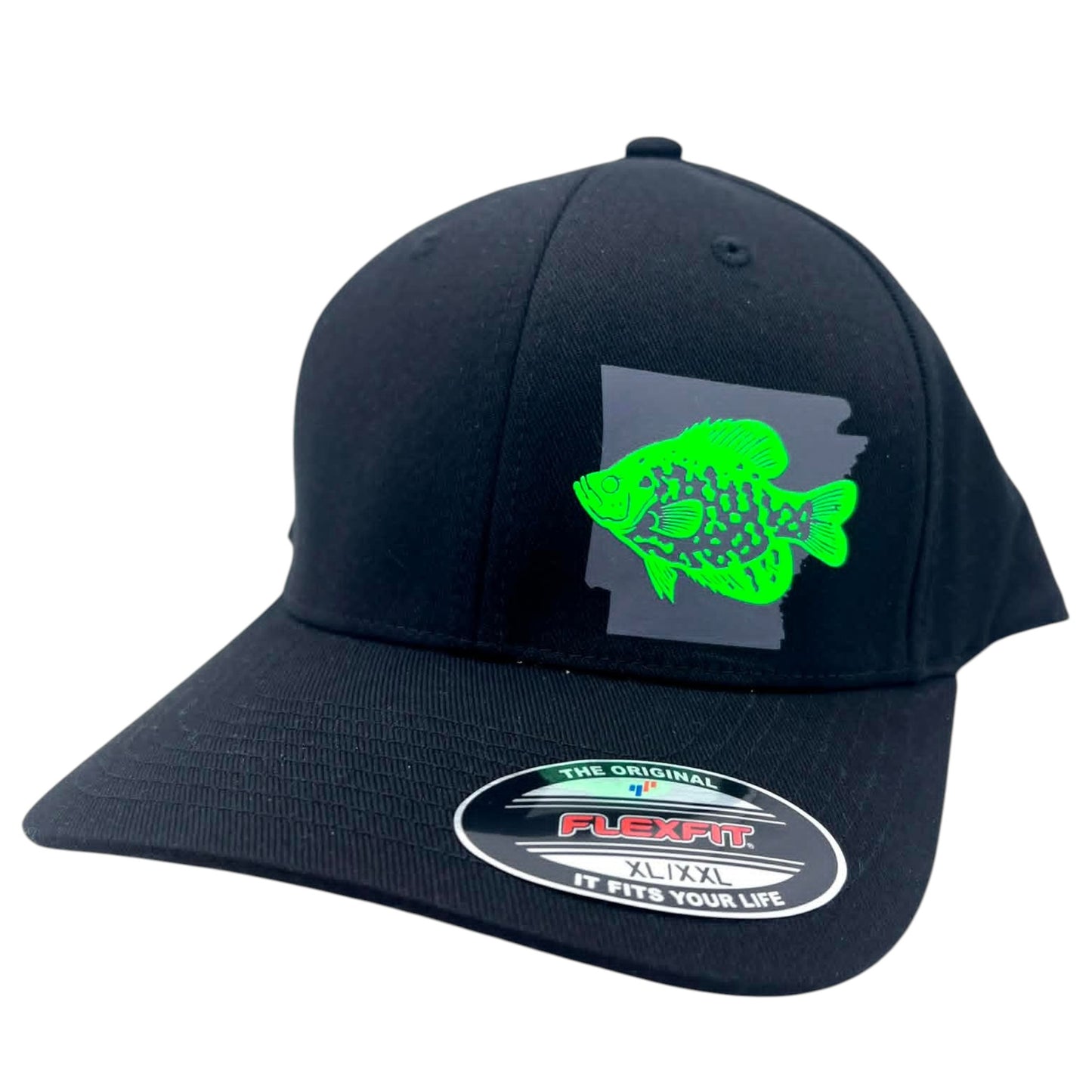 Custom Crappie Fishing Flexfit Hat – Black Fitted Cap | Any State Panfish Hat (S/M, L/XL, XL/XXL)