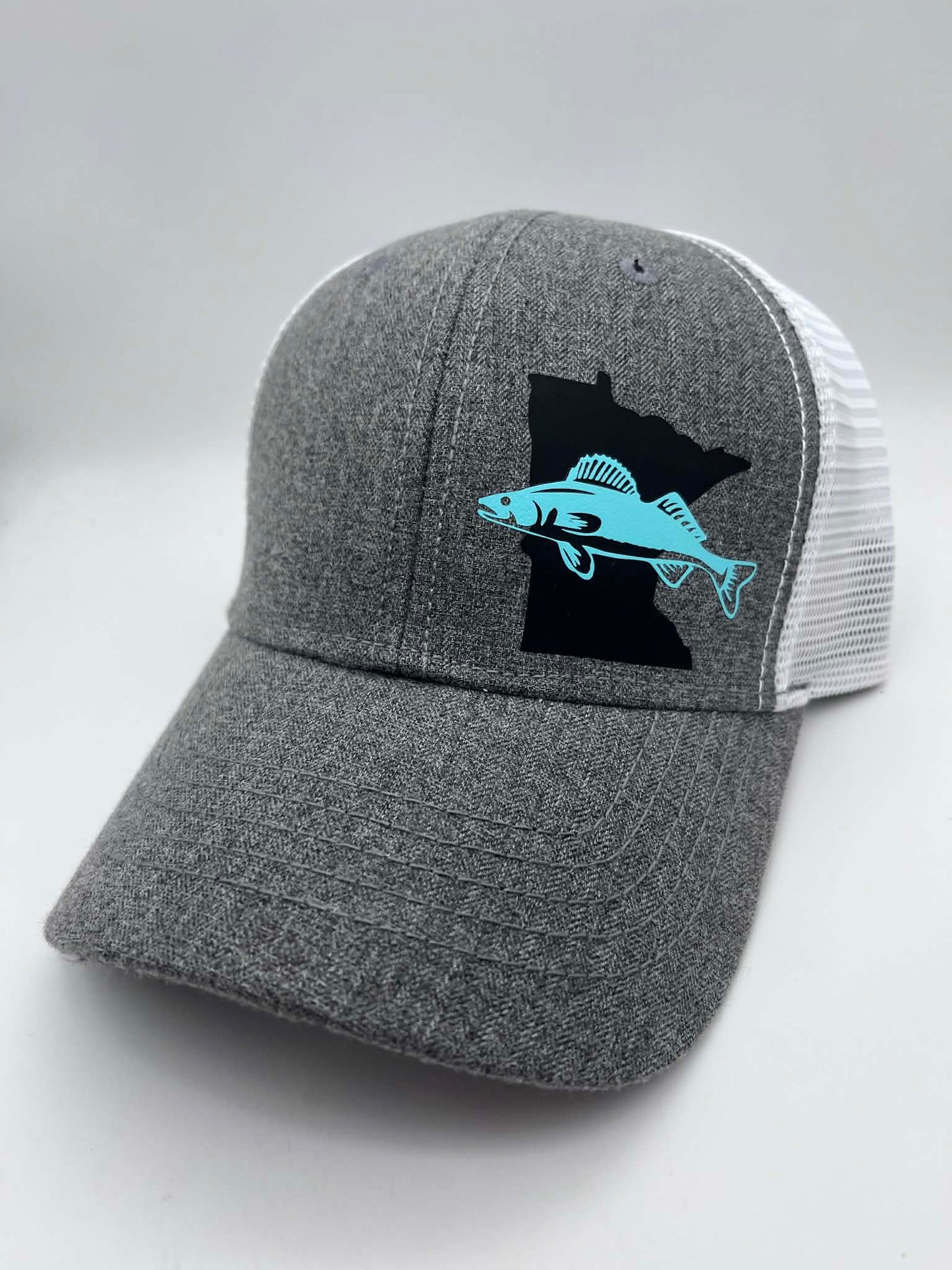 Women’s Fishing High Ponytail SnapBack Hat in Heather Gray and white | Walleye | Crappie | Large Mouth Bass | Catfish | Sturgeon |
