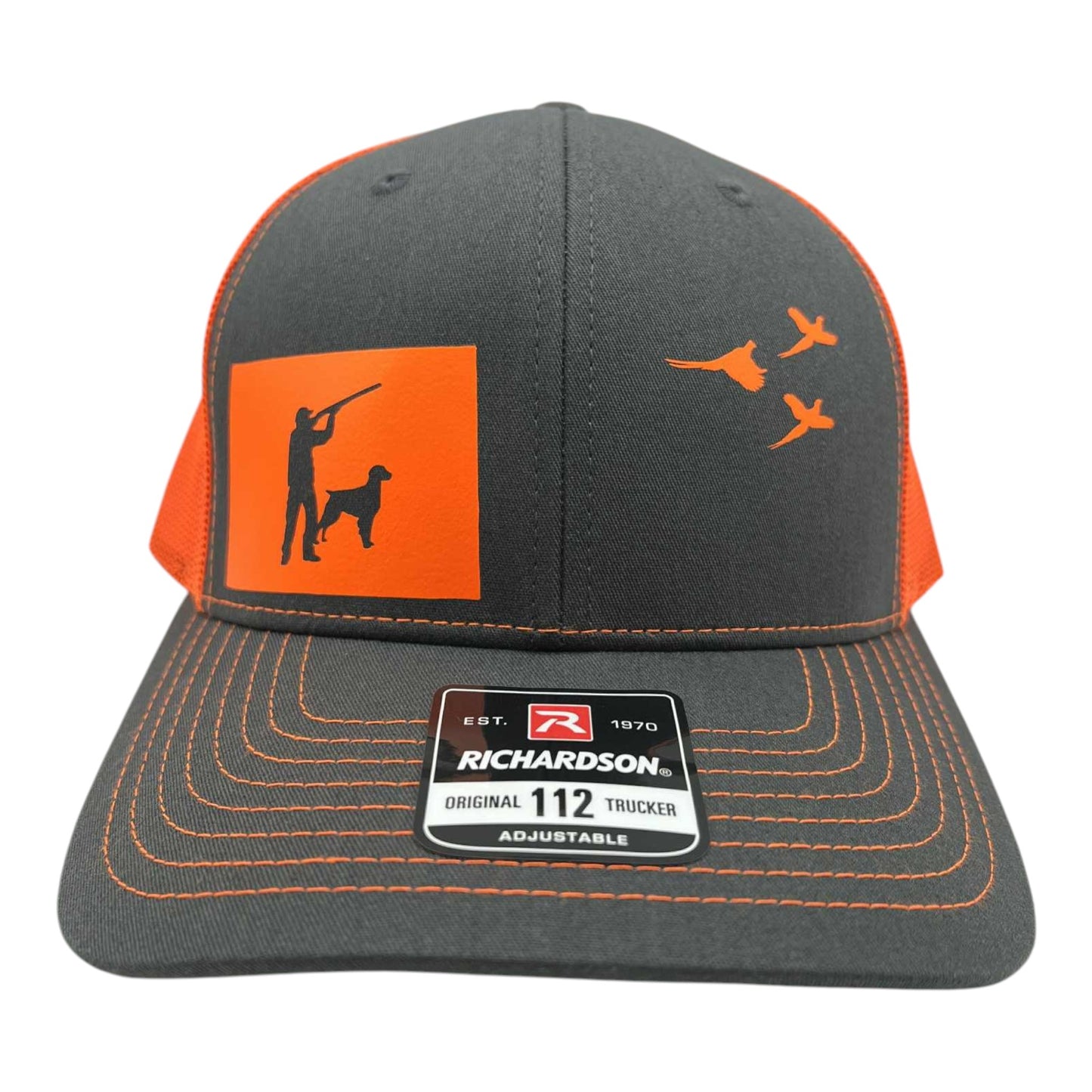 Colorado pheasant hunting hat with brittany on charcoal and blaze orange