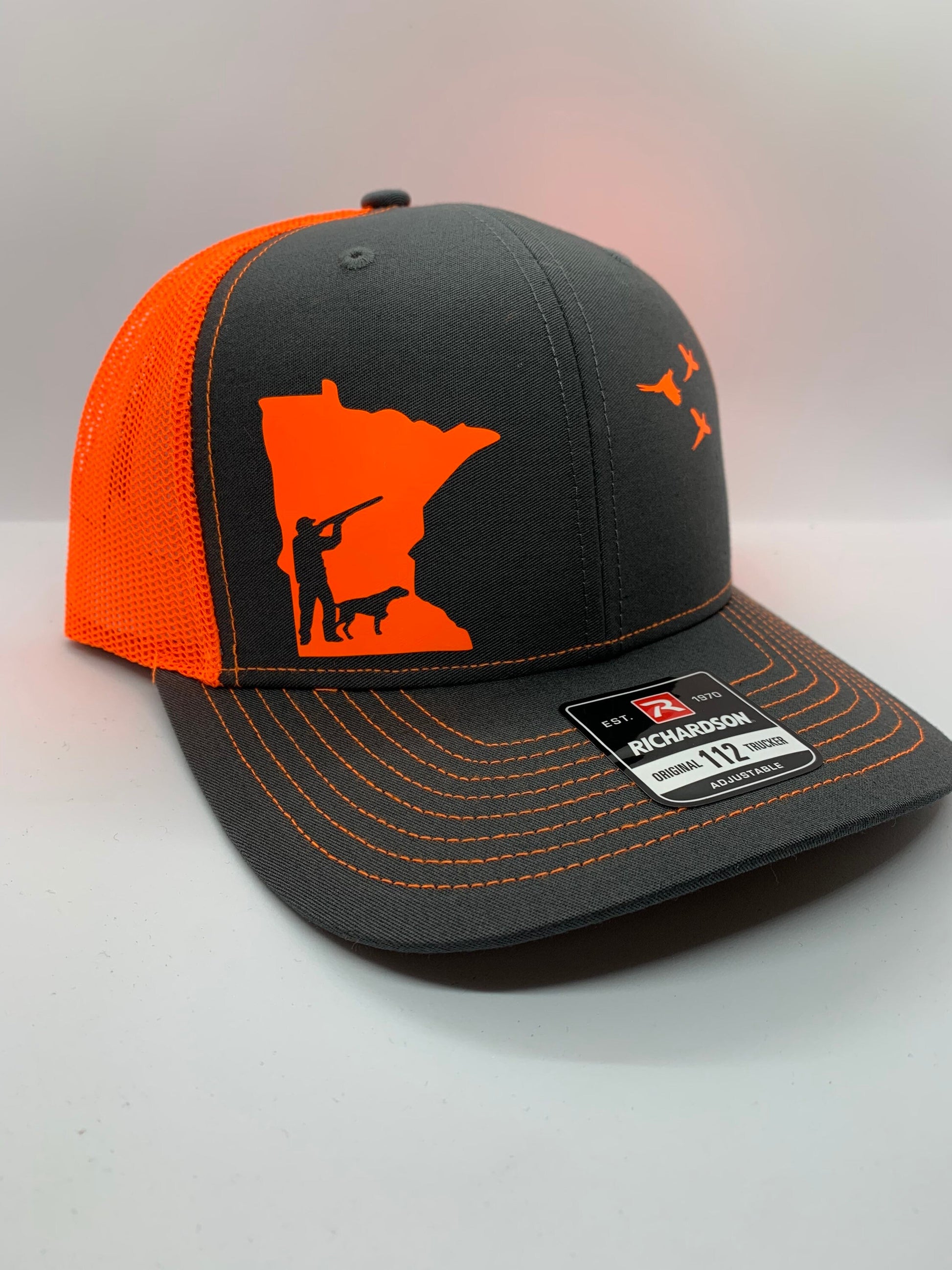 Any State Pheasant Hunter with Dog Charcoal/Neon Orange or Charcoal/Neon Pink Snap Back Hat or Charcoal/Neon Yellow or Full Blaze Orange