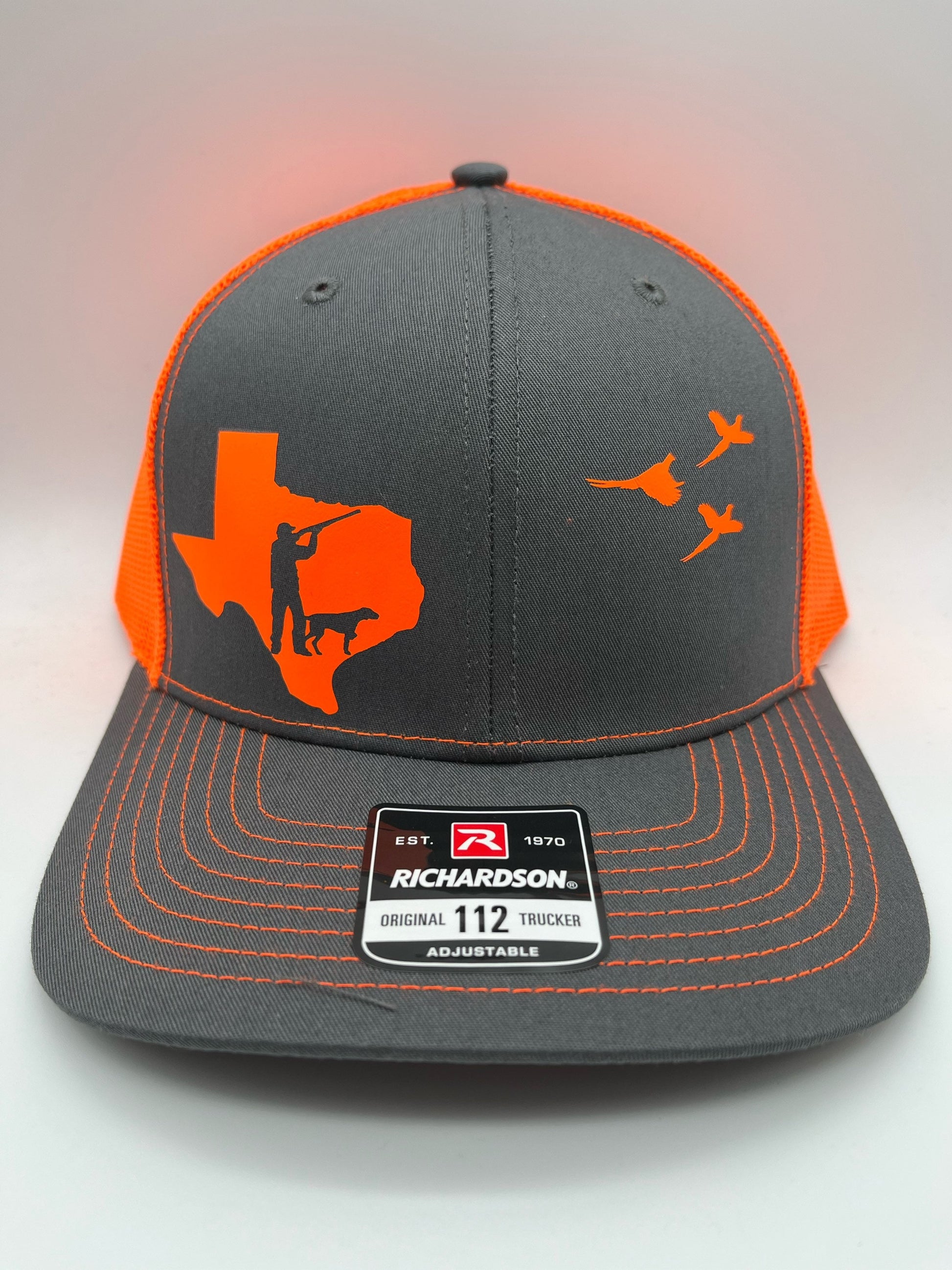 Any State Pheasant Hunter with Dog Charcoal/Neon Orange or Charcoal/Neon Pink Snap Back Hat or Charcoal/Neon Yellow or Full Blaze Orange