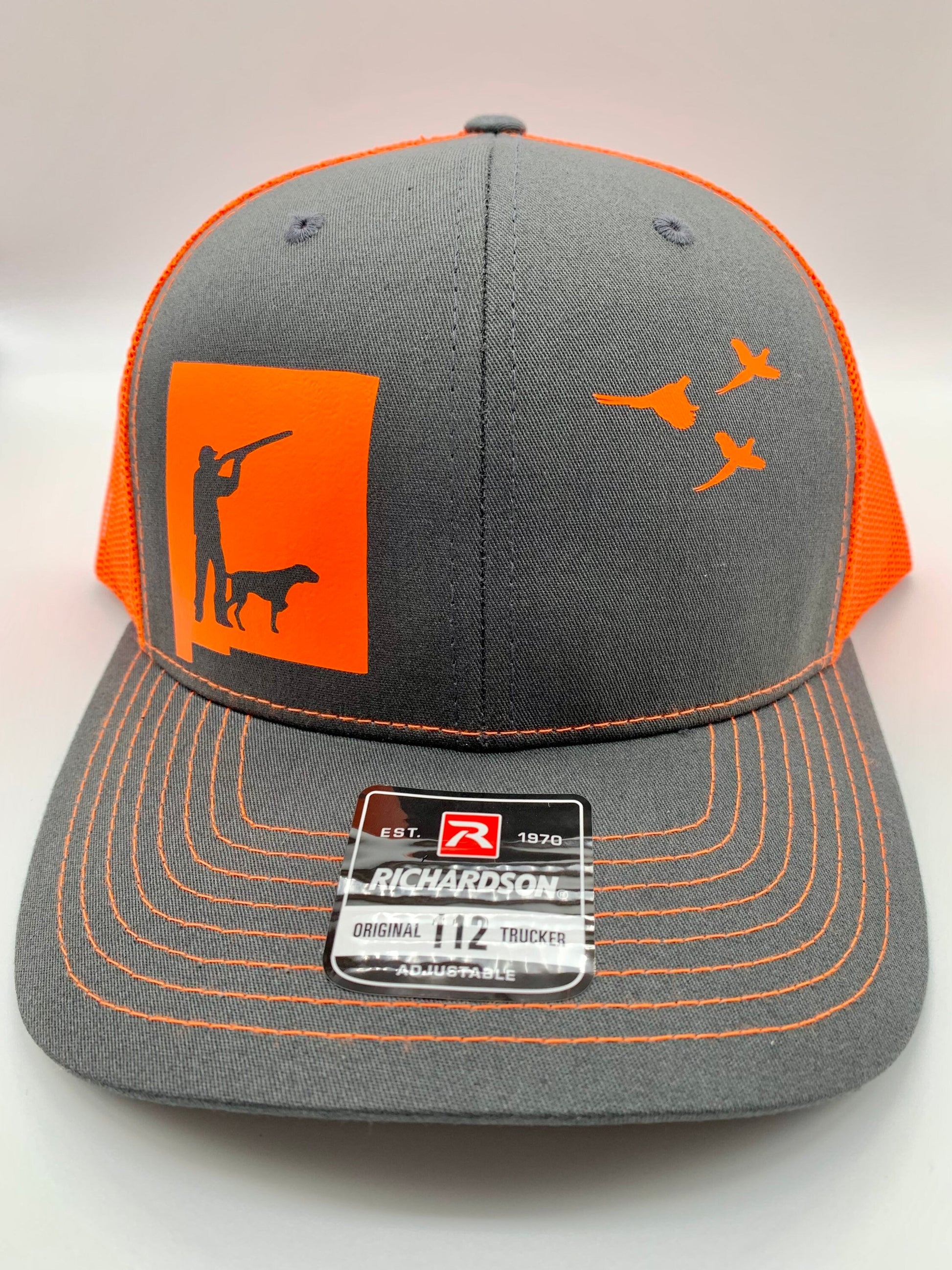 Any State Pheasant Hunter with Dog Charcoal/Neon Orange or Charcoal/Neon Pink Snap Back Hat or Charcoal/Neon Yellow or Full Blaze Orange