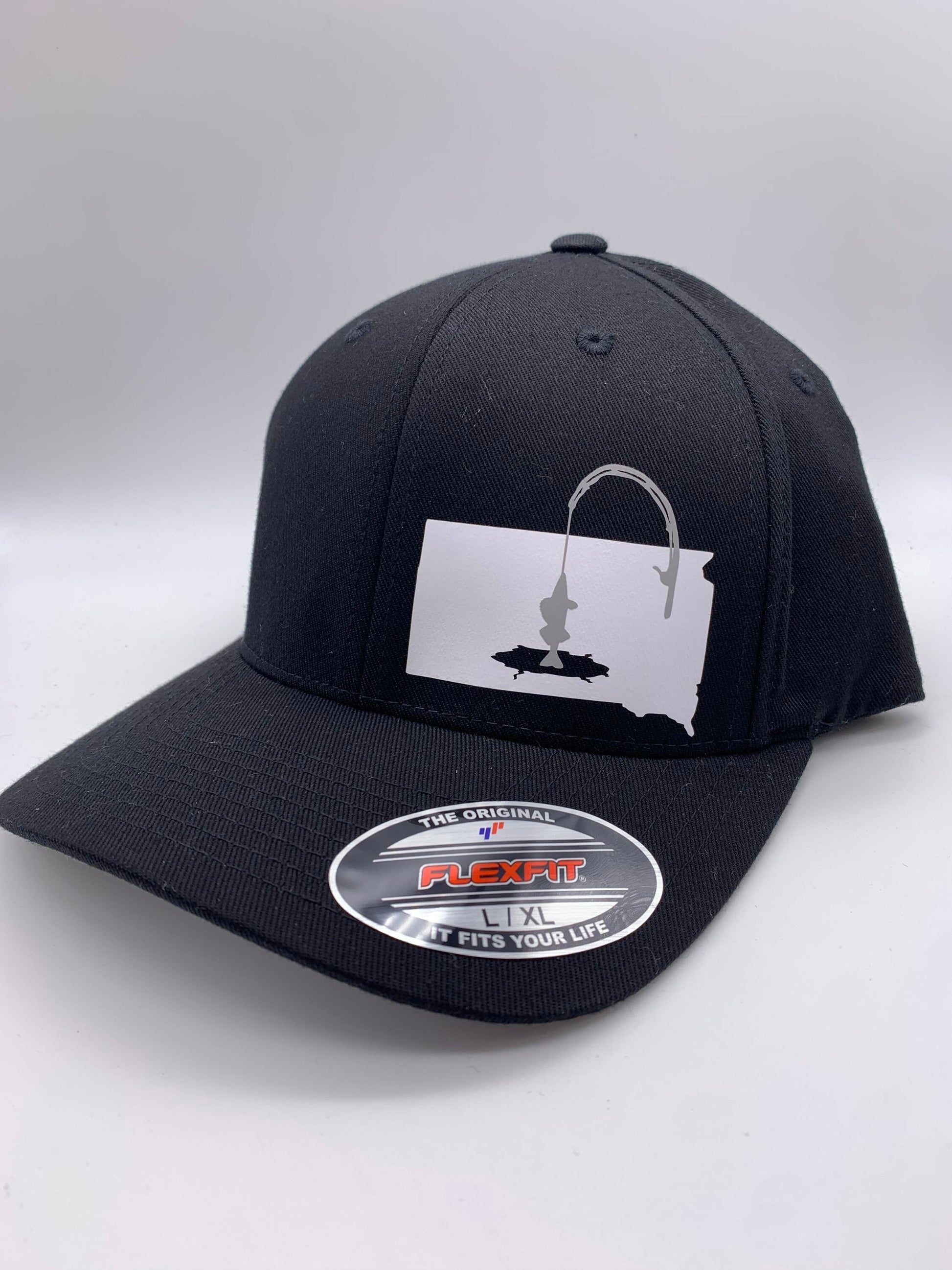 Any State Ice Fishing Black Flexfit Fitted Hat in Multiple Sizes