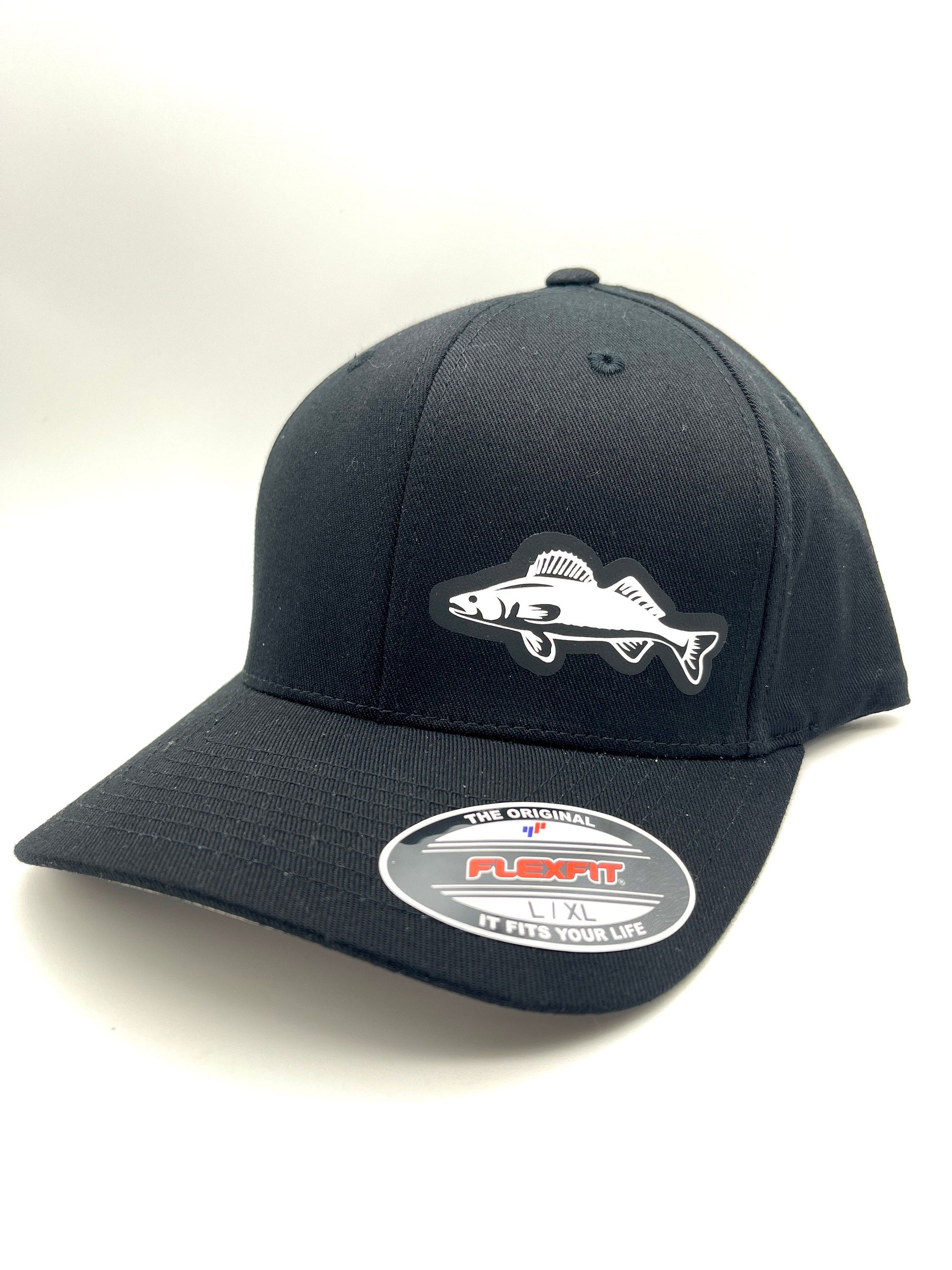 Walleye Flexfit Fitted Black Hat in Three Sizes