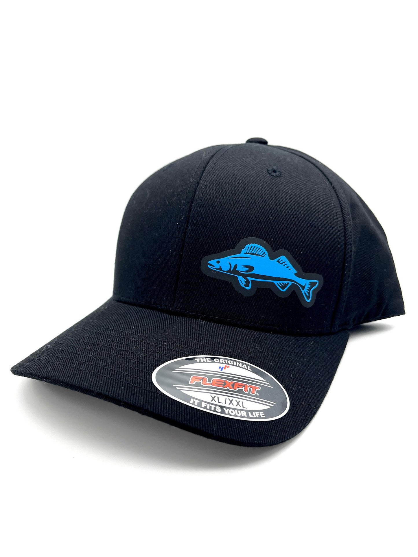 Walleye Flexfit Fitted Black Hat in Three Sizes