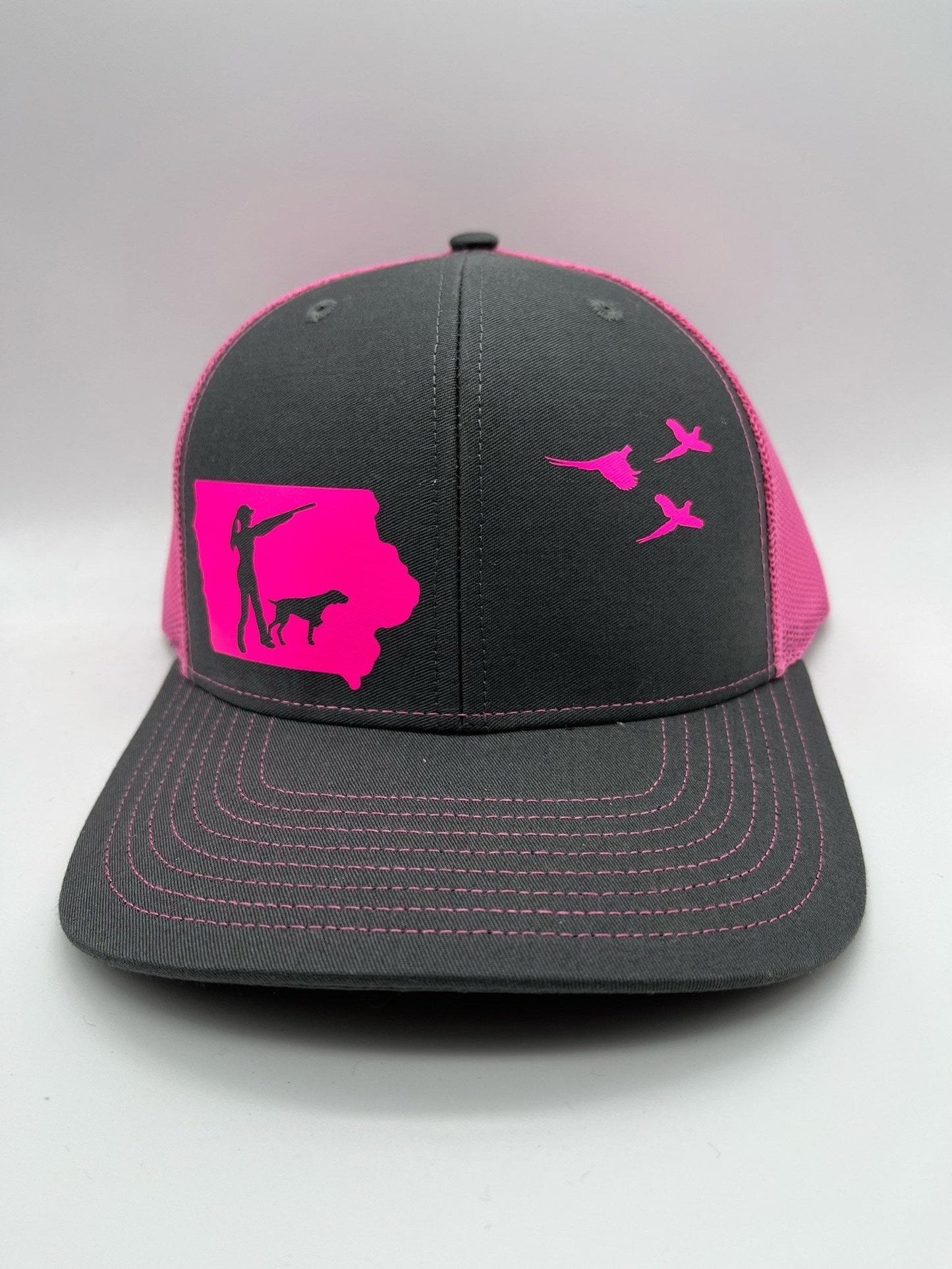 Any State Pheasant Hunter with Dog Charcoal/Neon Orange or Charcoal/Neon Pink Snap Back Hat or Charcoal/Neon Yellow or Full Blaze Orange