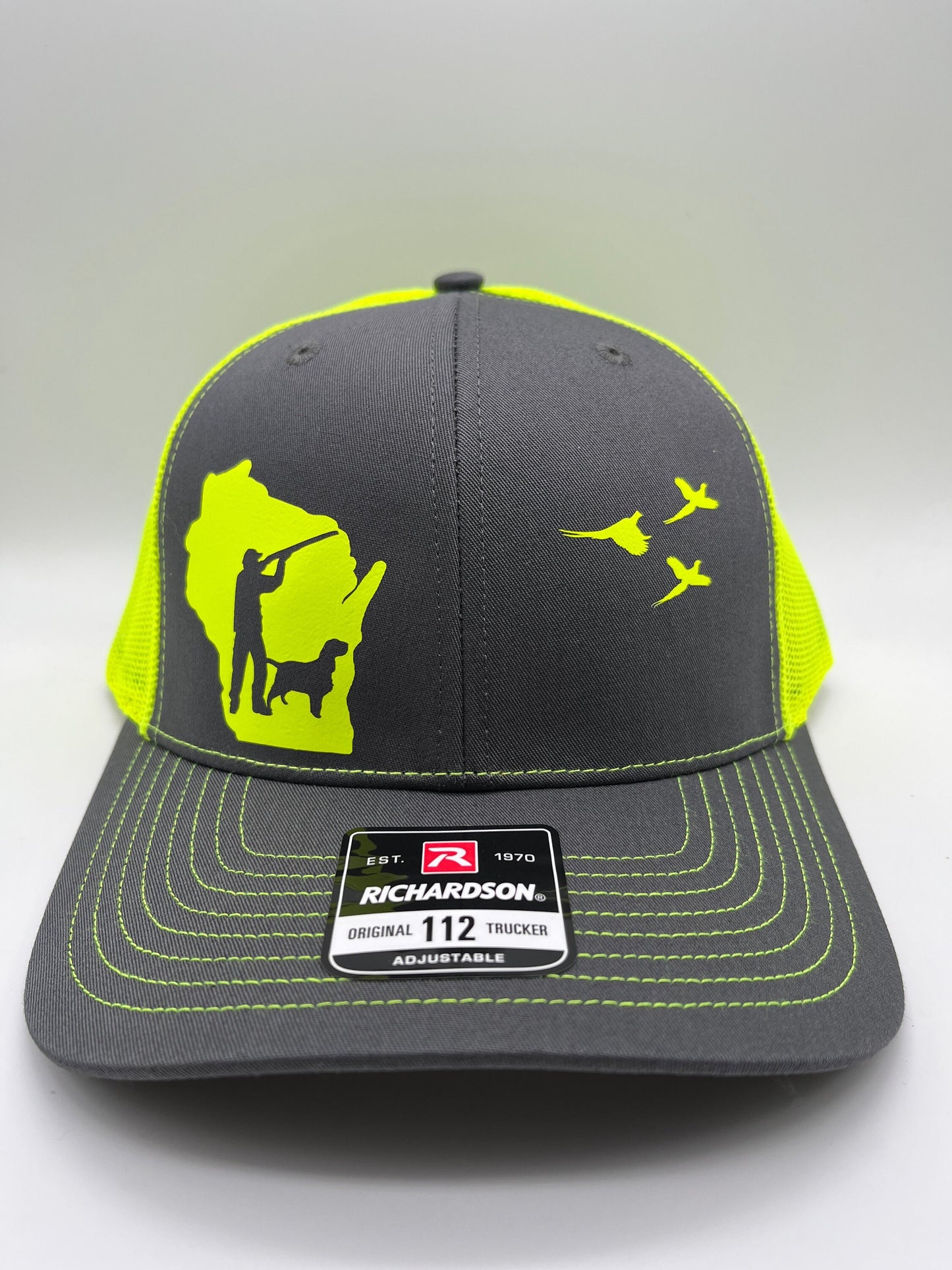 Any State Pheasant Hunter with Dog Charcoal/Neon Orange or Charcoal/Neon Pink Snap Back Hat or Charcoal/Neon Yellow or Full Blaze Orange