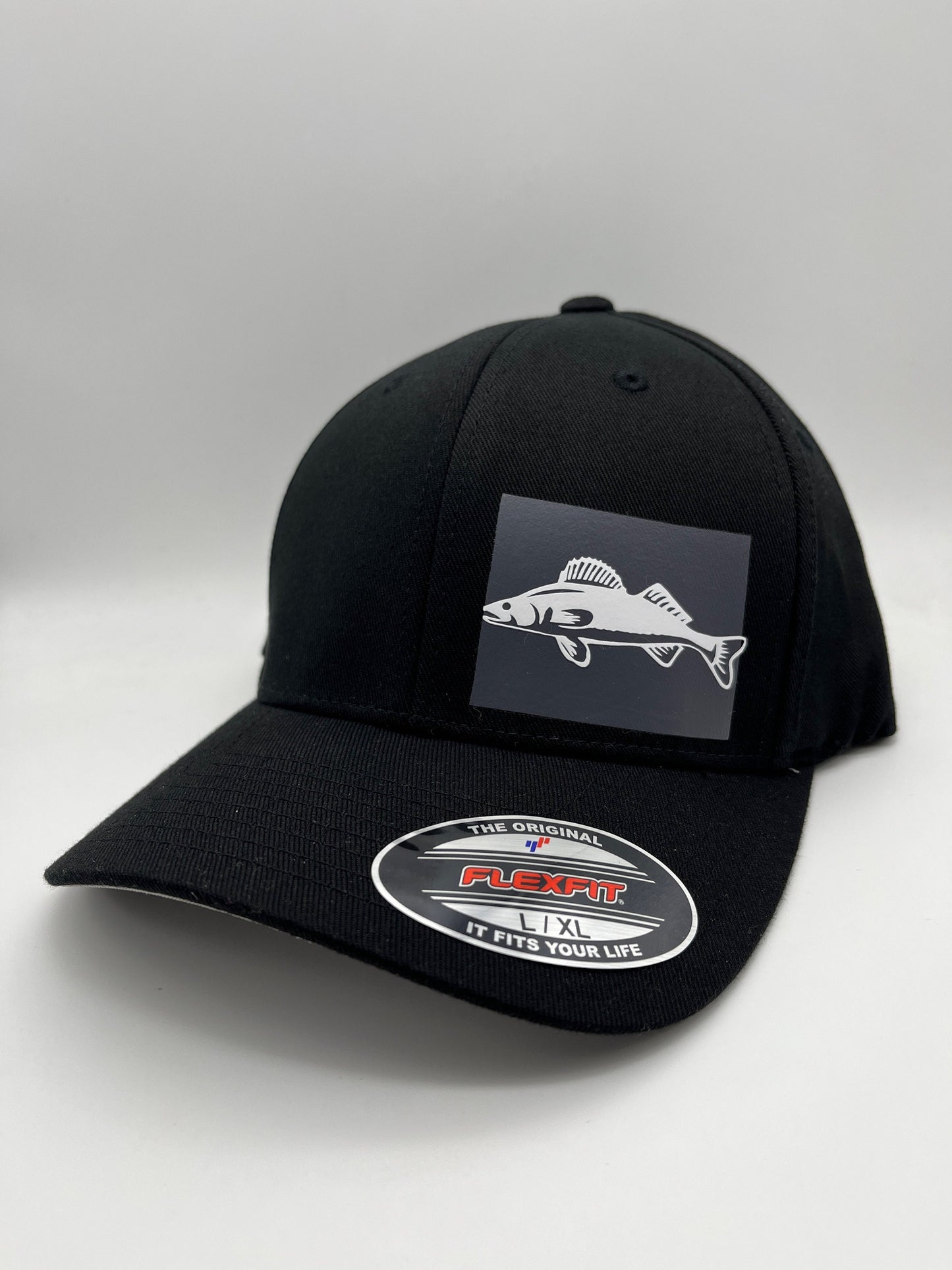 Walleye Flexfit Fitted Black Hat in Three Sizes