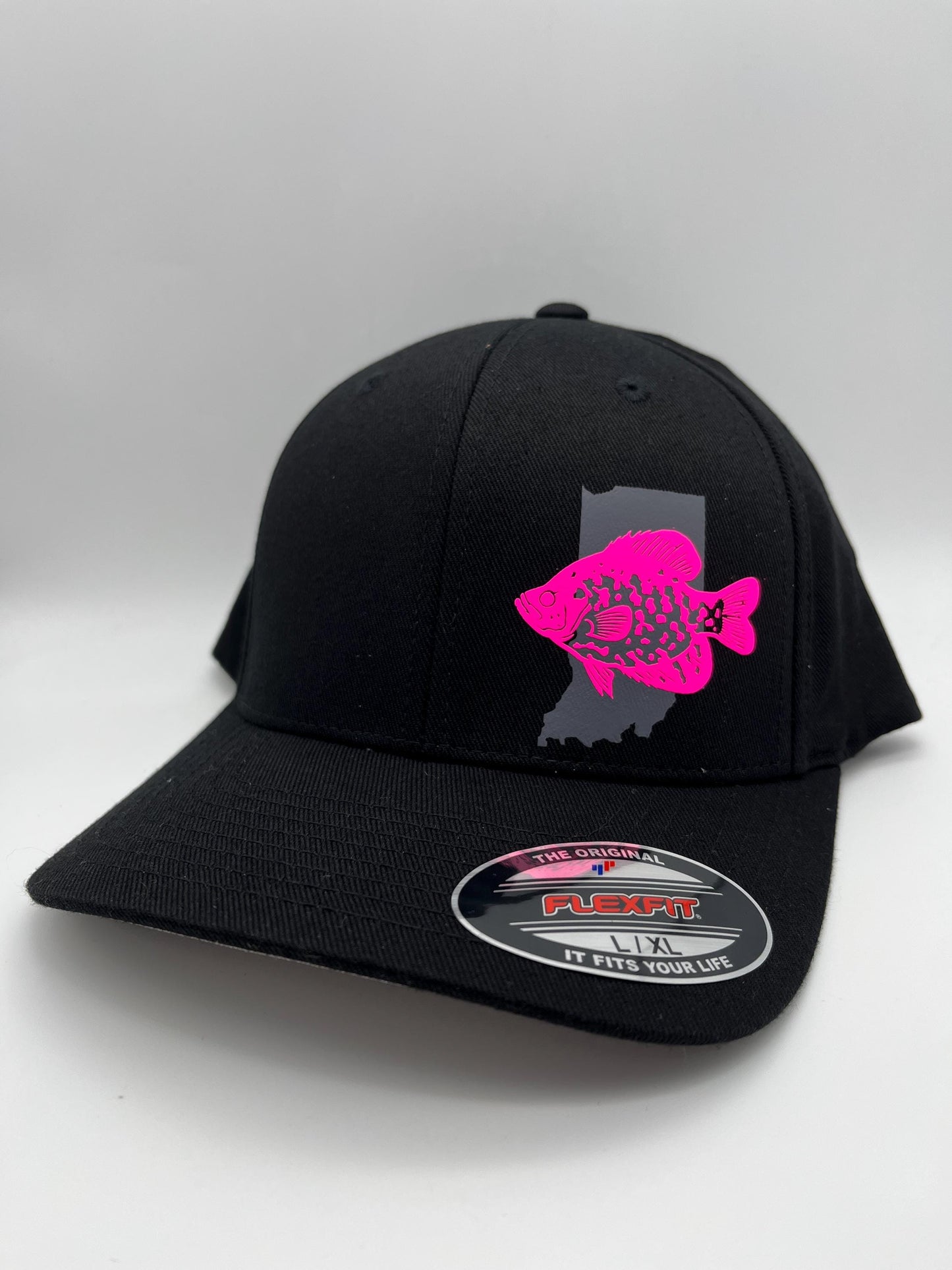 Crappie Fishing Black Flexfit Fitted Hat in Multiple sizes