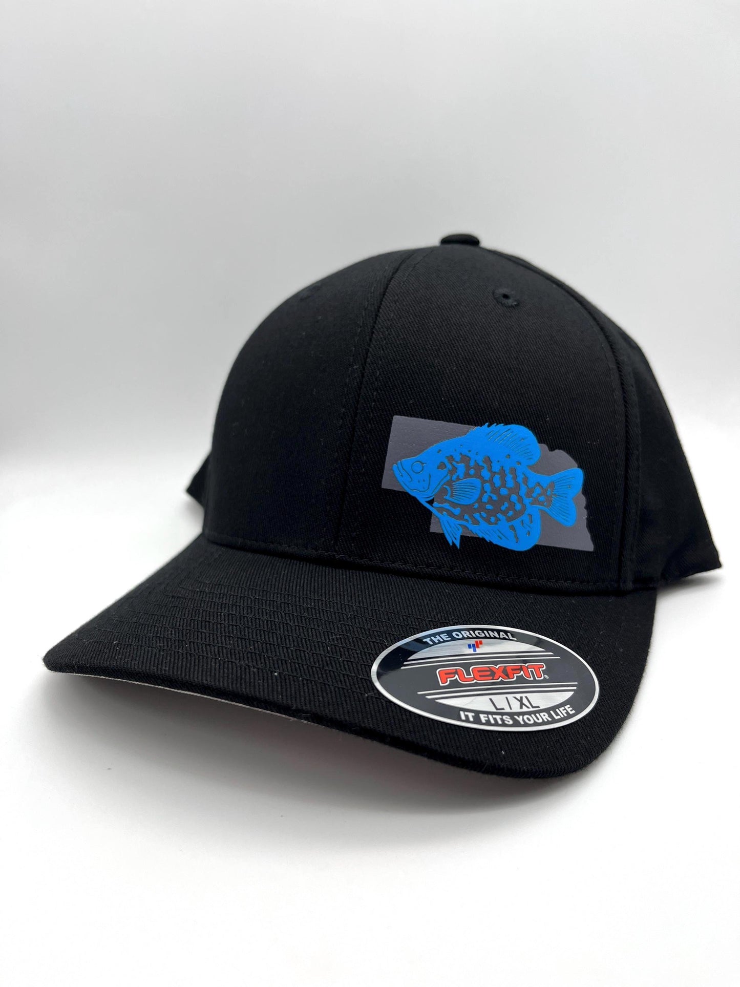 Crappie Fishing Black Flexfit Fitted Hat in Multiple sizes