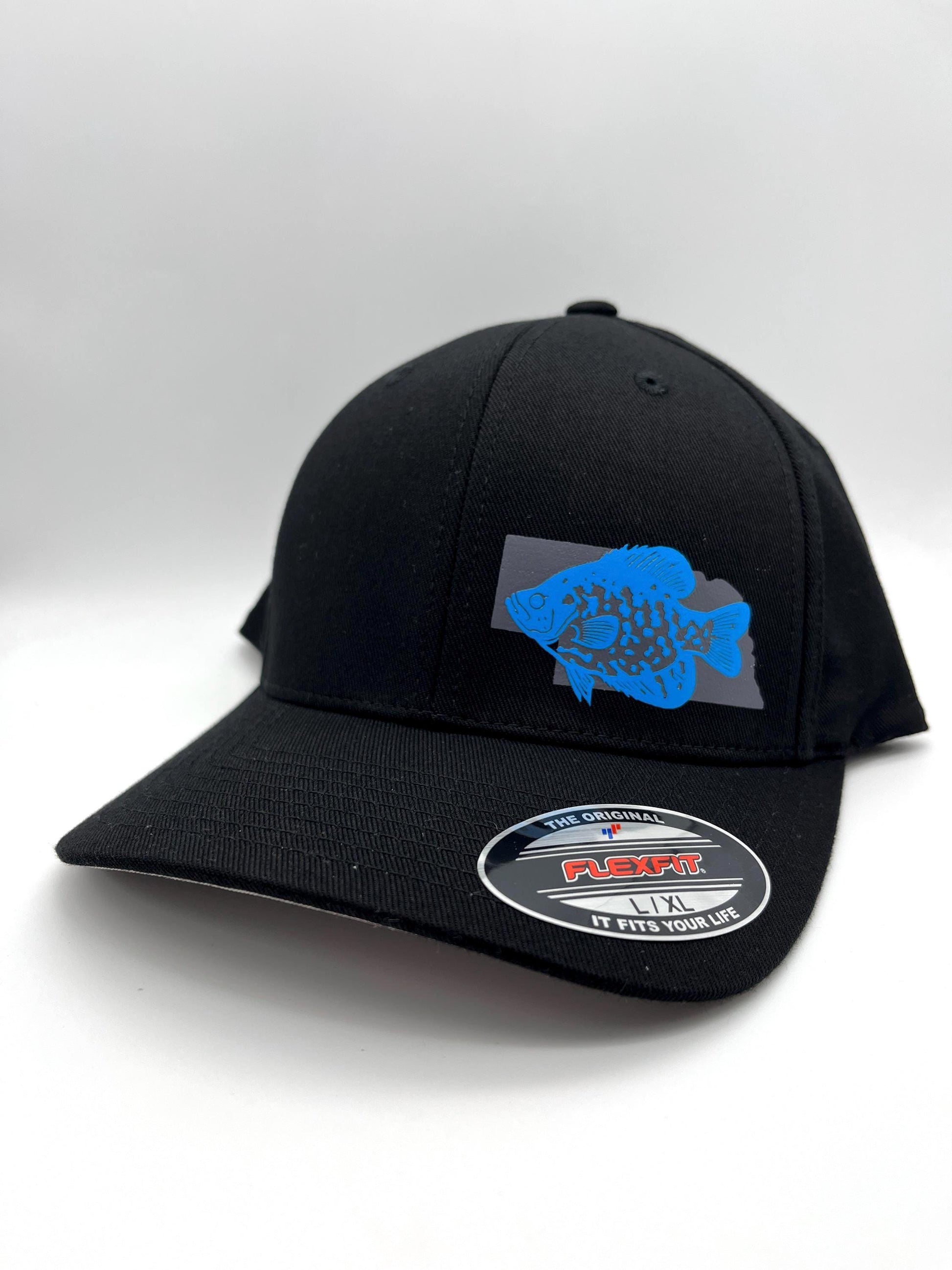 Crappie Fishing Black Flexfit Fitted Hat in Multiple sizes