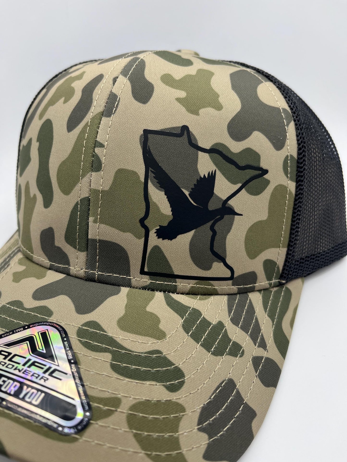 Duck Flying Through State SnapBack Adjustable Hat | Mesh Back | Old School Duck Camo |