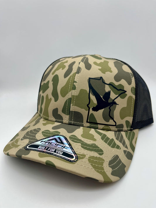 Duck Flying Through State SnapBack Adjustable Hat | Mesh Back | Old School Duck Camo |