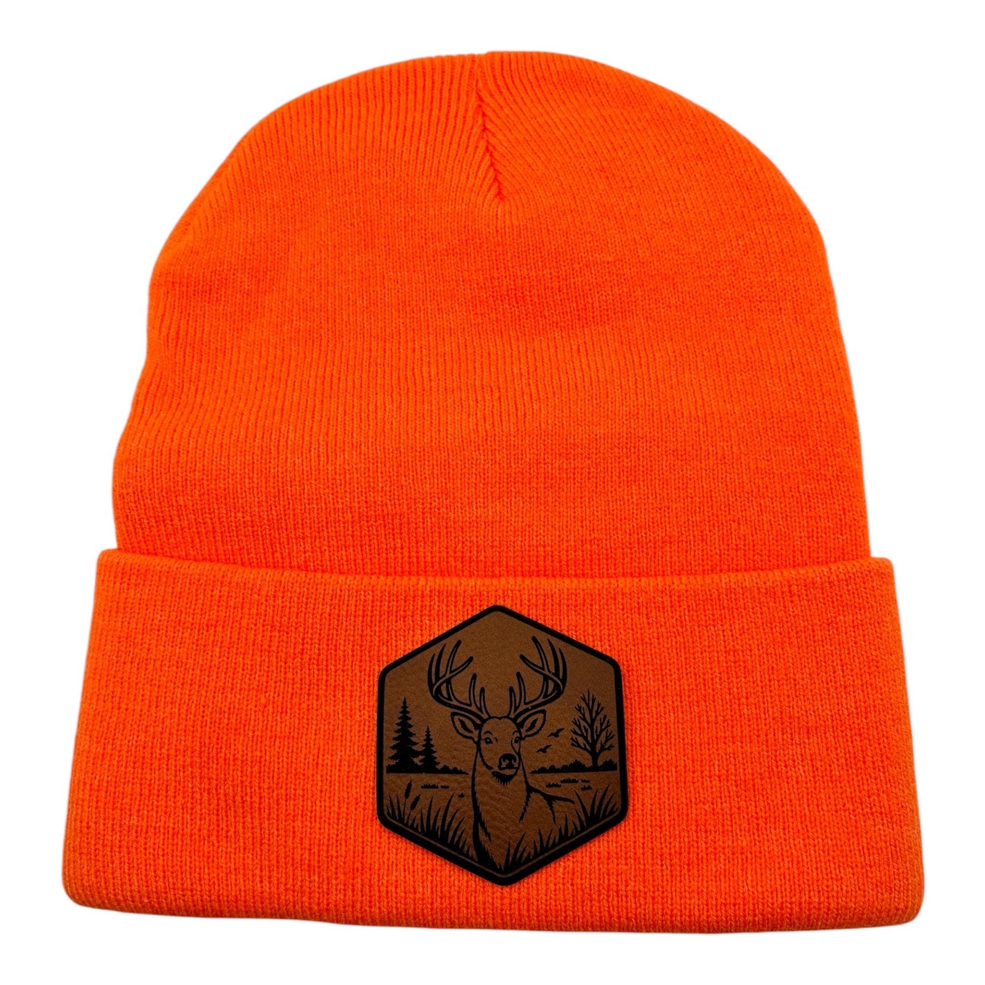 Deer Patch Winter Knit Blaze Orange Cuffed Hat