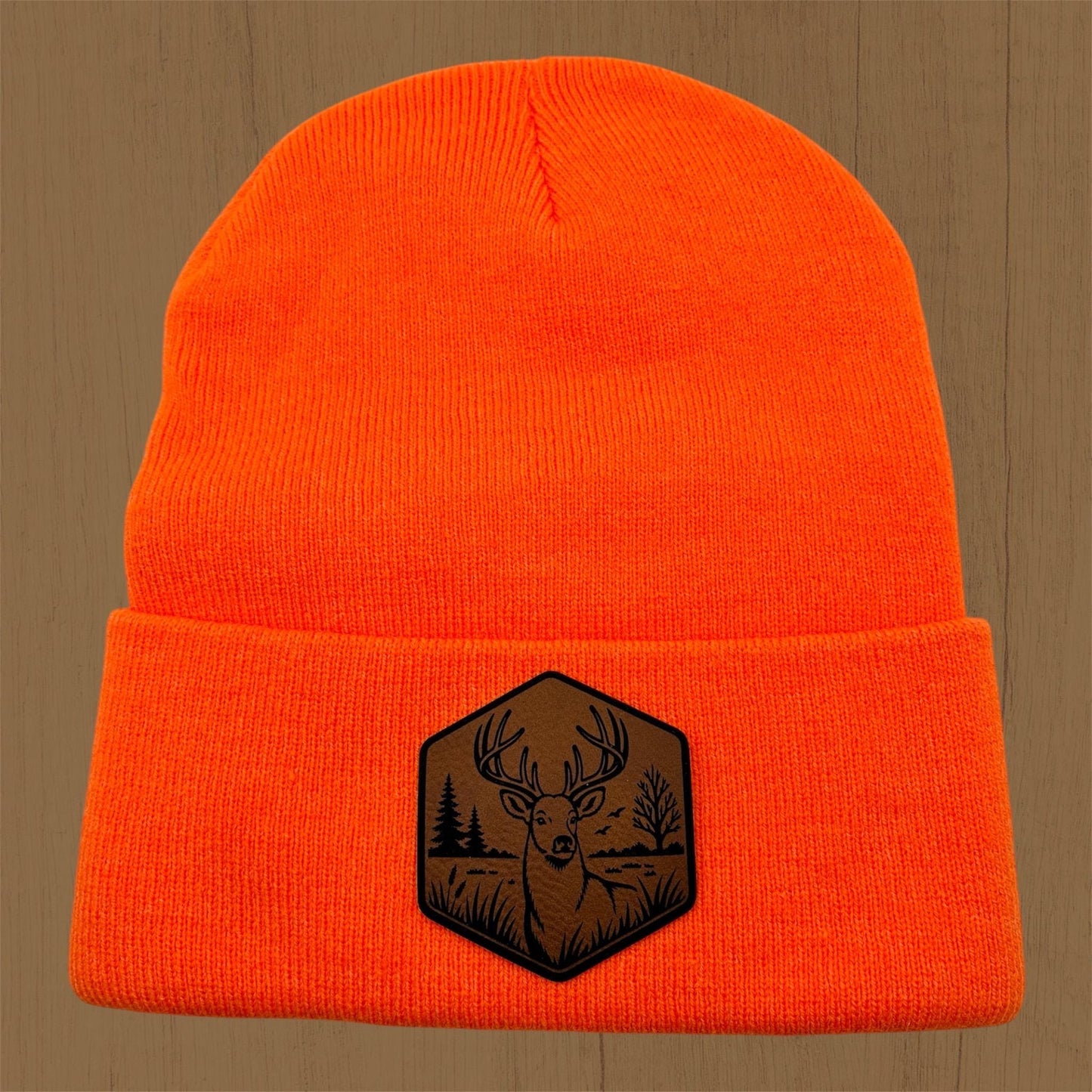 Deer Patch Winter Knit Blaze Orange Cuffed Hat